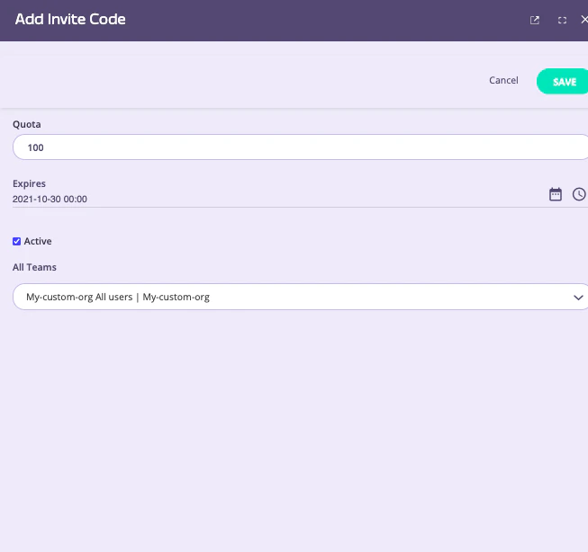 Invite Codes dialog