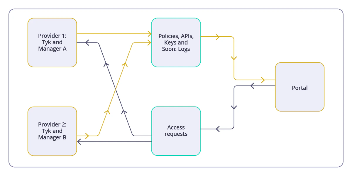 Relationship between Tyk Developer Portal and two API Providers