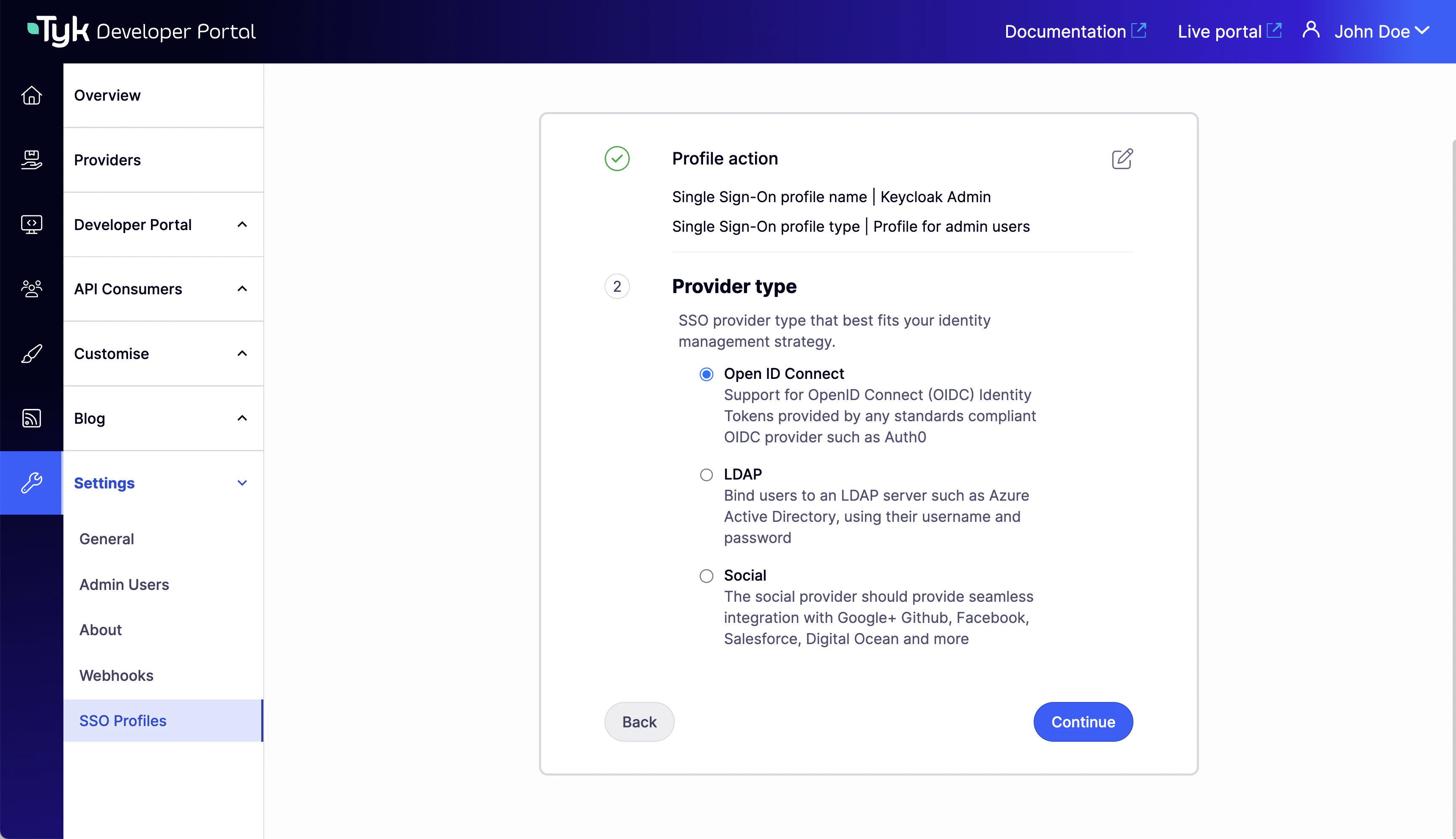 SSO Profiles Wizard - Provider type selection