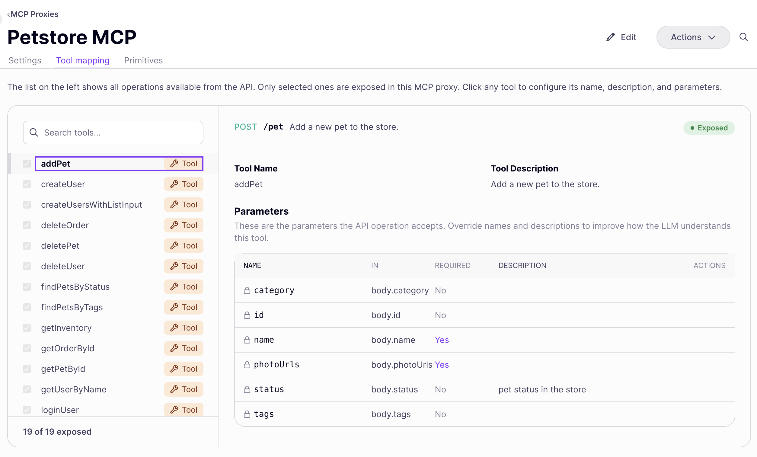 Tool mapping tab, operation list and detail pane