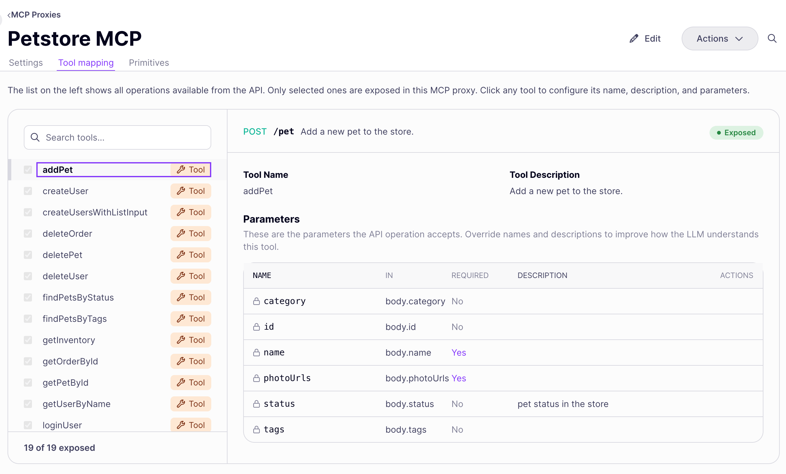Tool mapping tab, operation list and detail pane