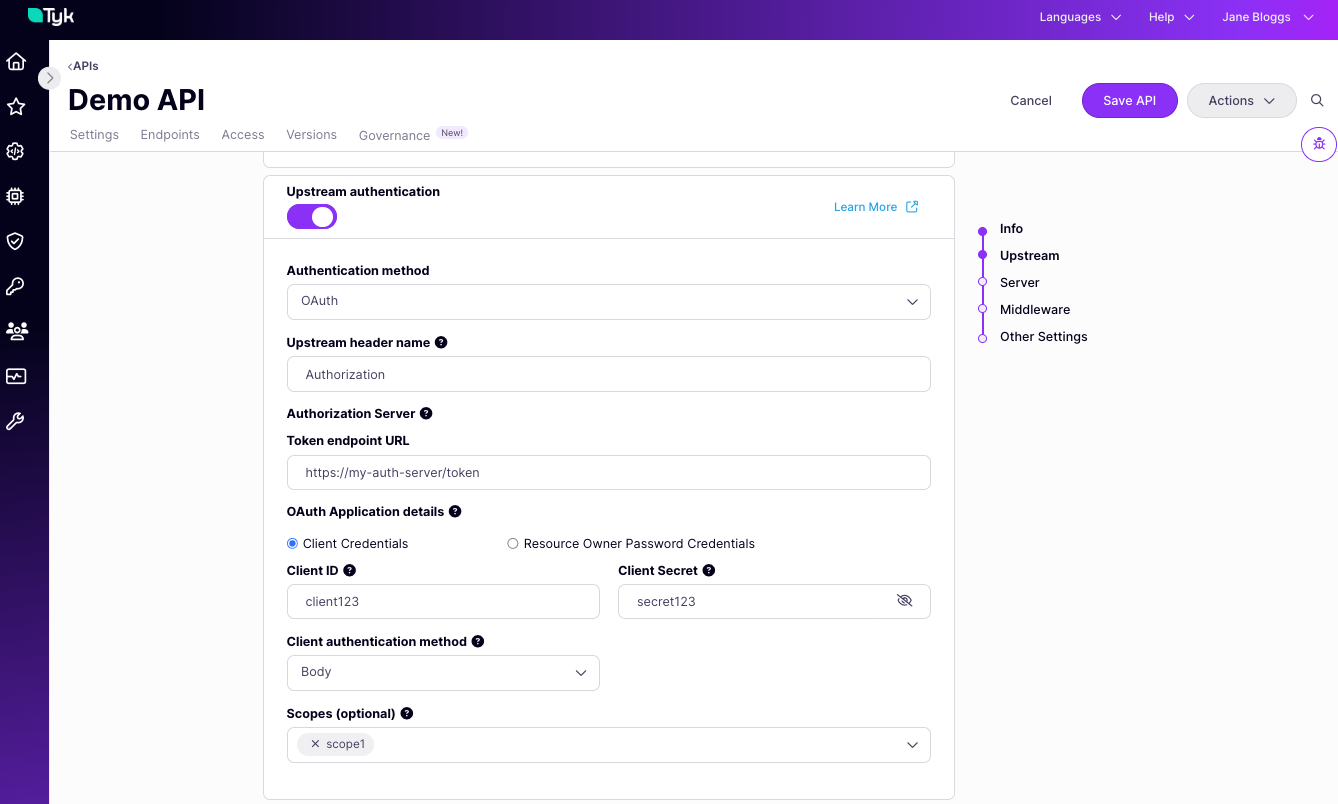 Tyk OAS API Designer showing Upstream OAuth client credentials configuration options