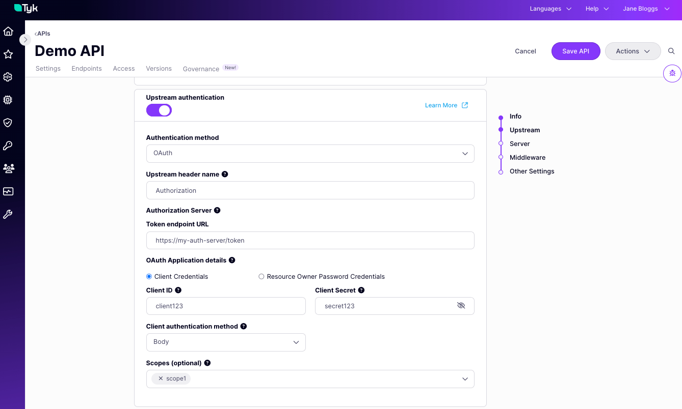 Tyk OAS API Designer showing Upstream OAuth client credentials configuration options