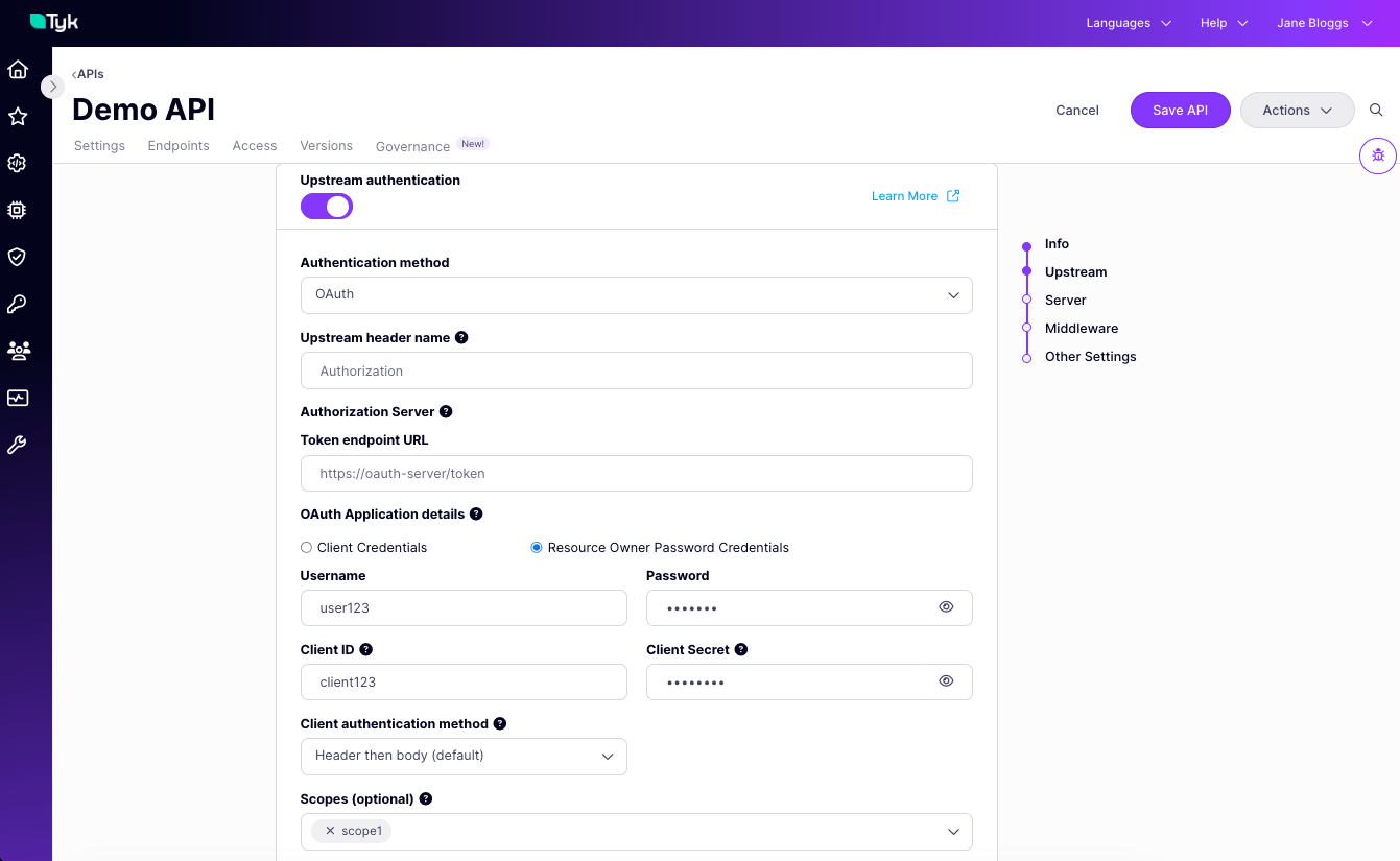 Tyk OAS API Designer showing Upstream OAuth password grant configuration options