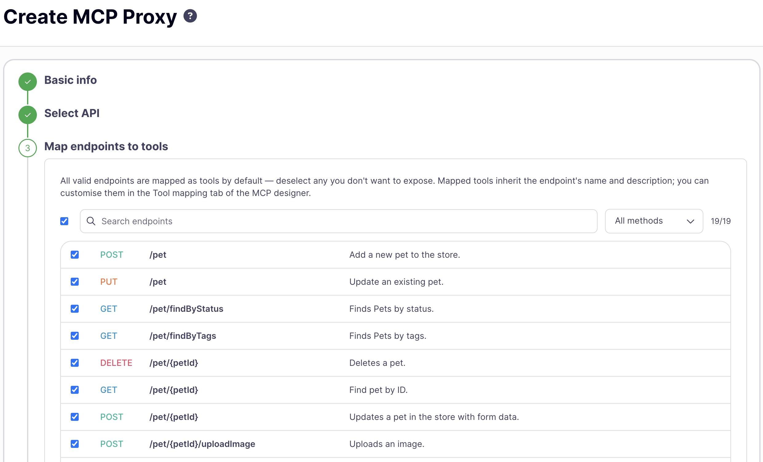 Create MCP proxy, Map endpoints to tools step