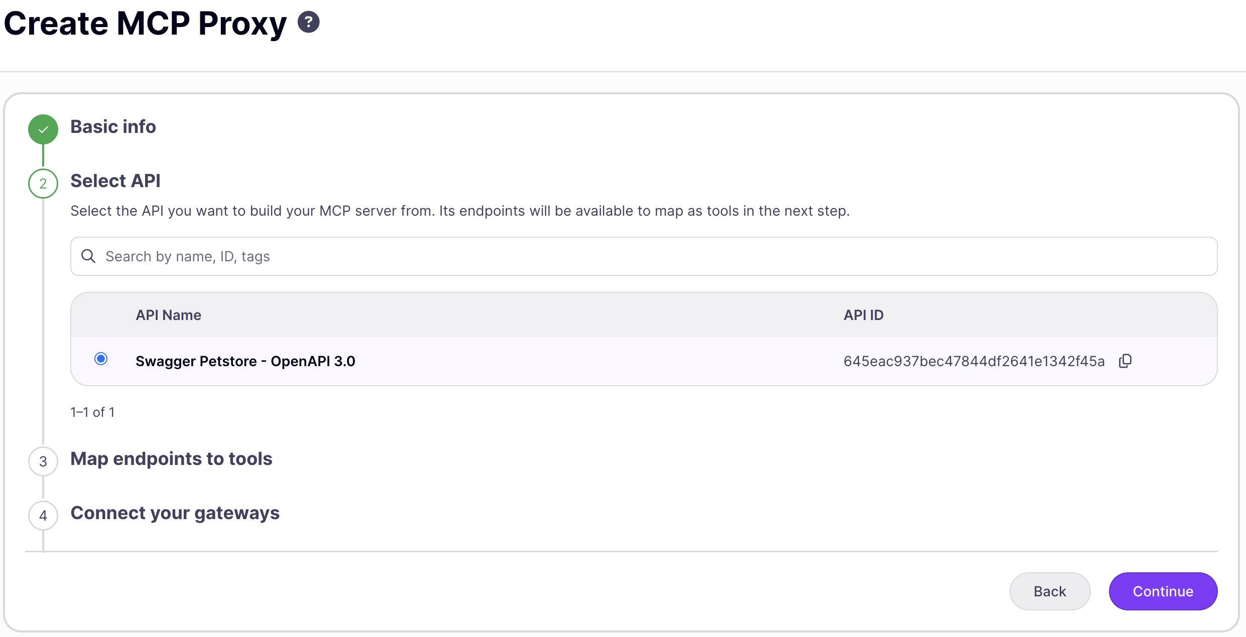 Create MCP proxy, Select API step