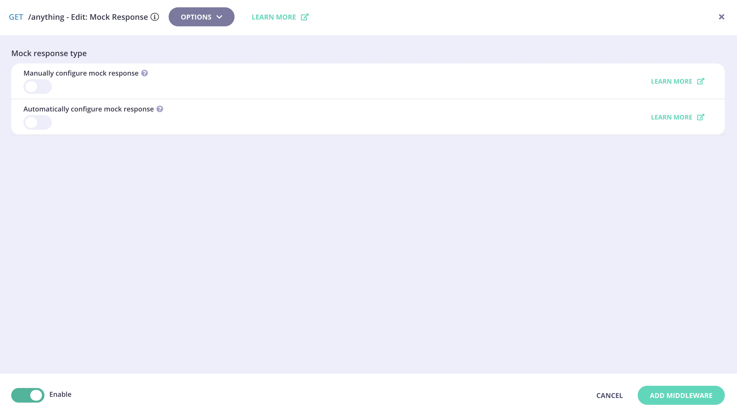 Mock Response middleware added to endpoint - select the configuration method you require