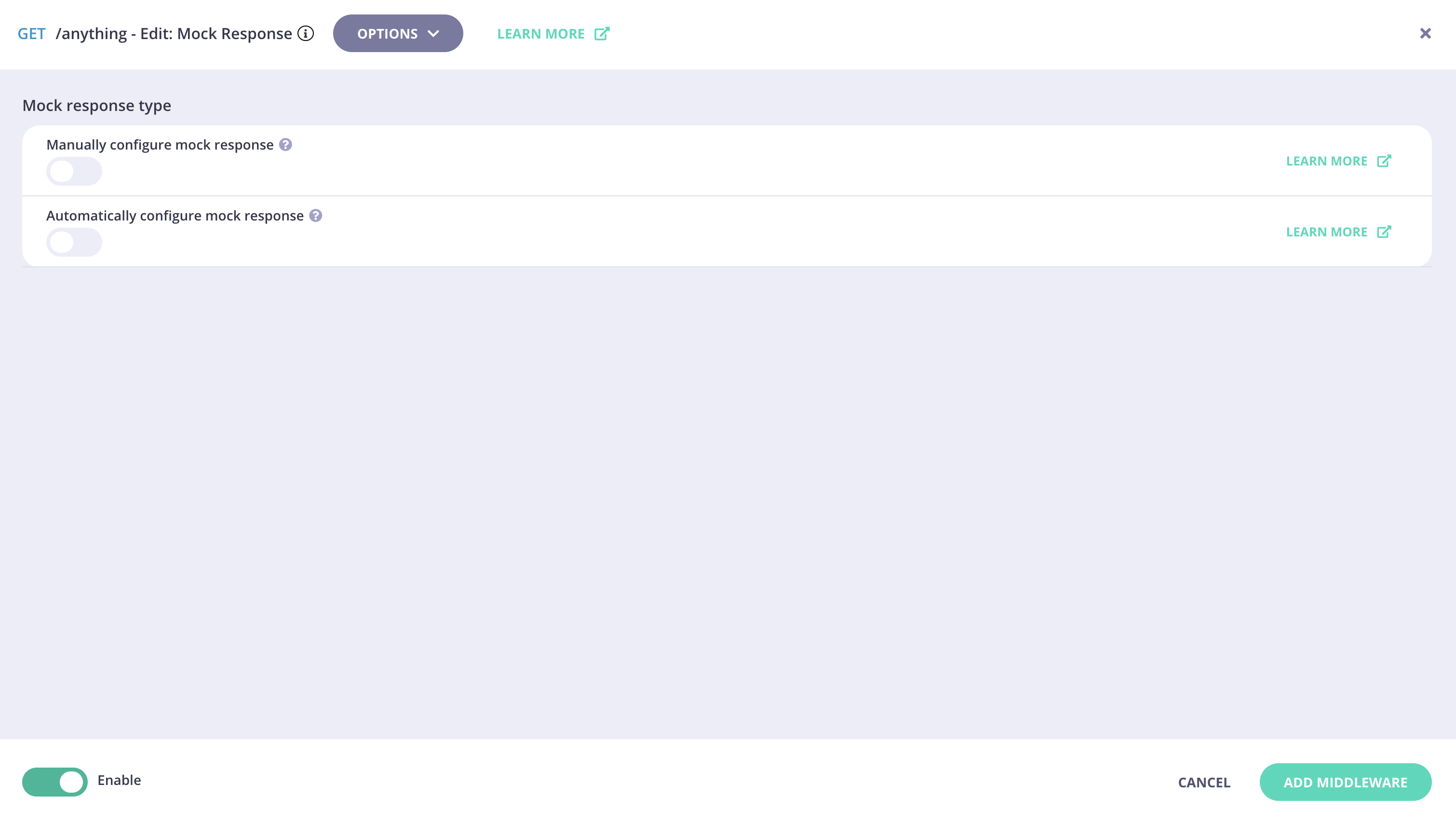 Mock Response middleware added to endpoint - select the configuration method you require