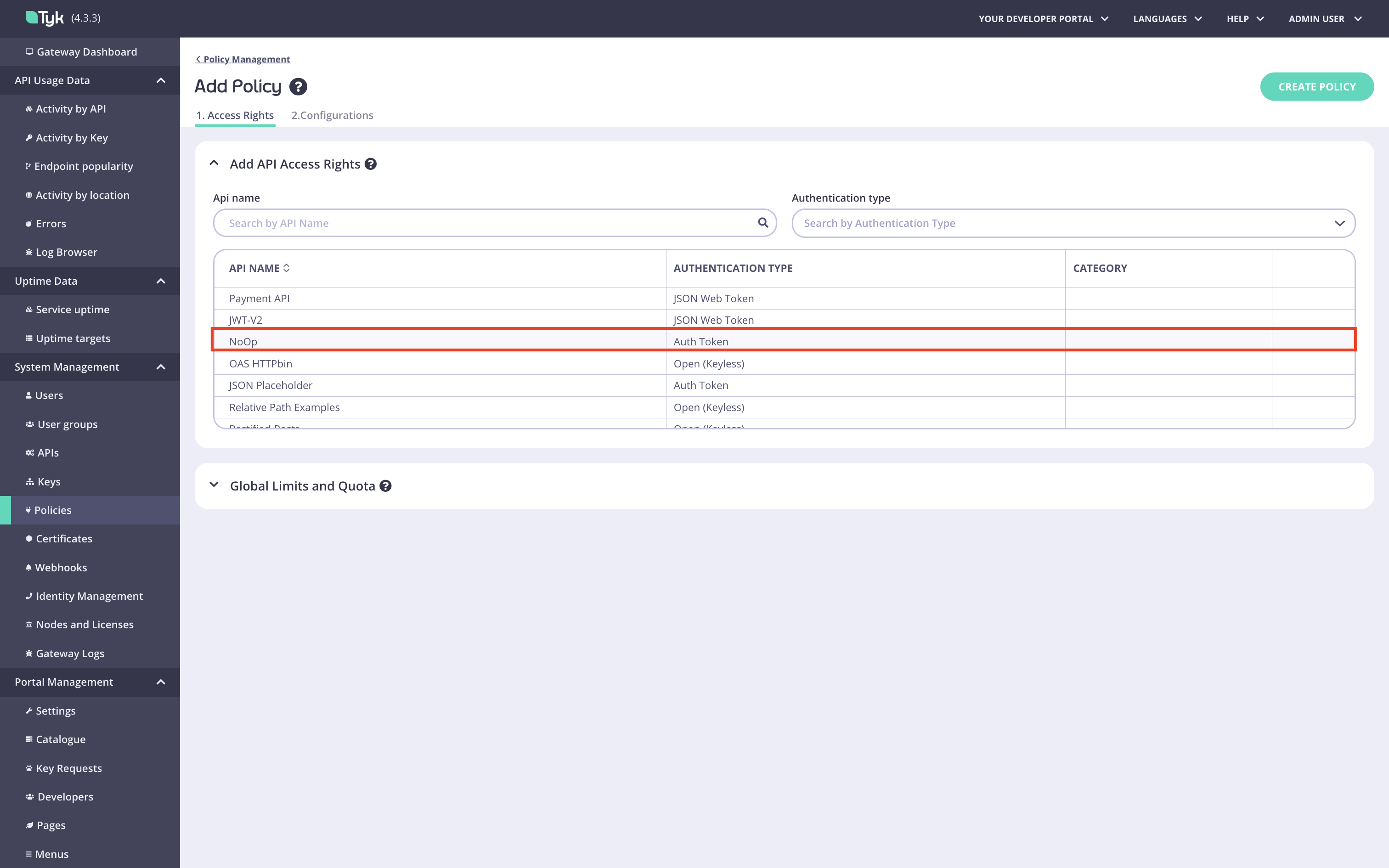 Create the No Operation policy