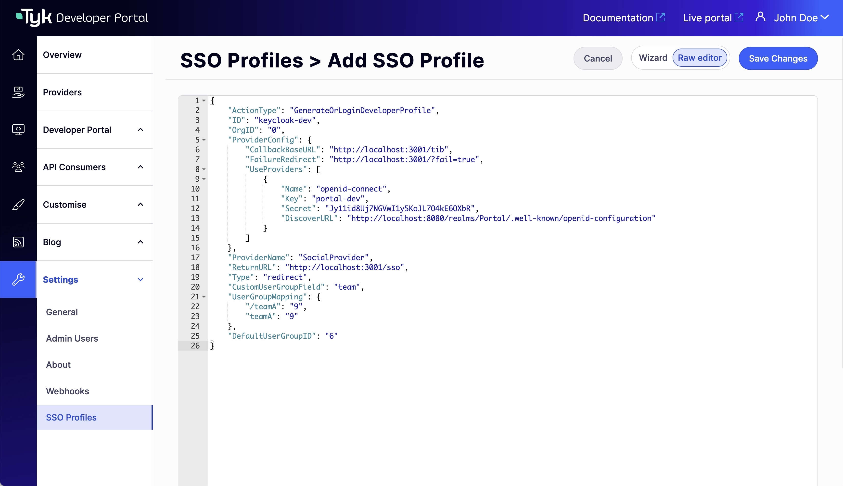 SSO Profiles Raw Editor