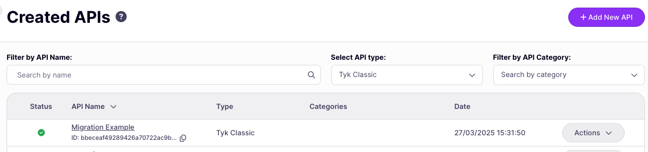 Applying a filter to see just the Tyk Classic APIs