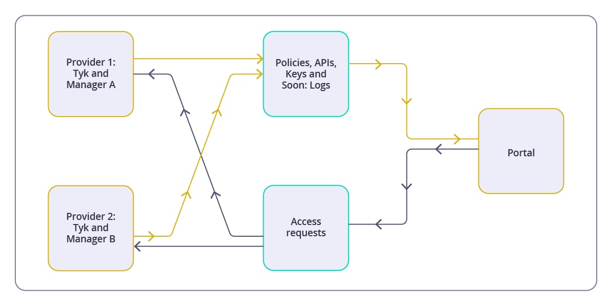 Relationship between Tyk Developer Portal and two API Providers