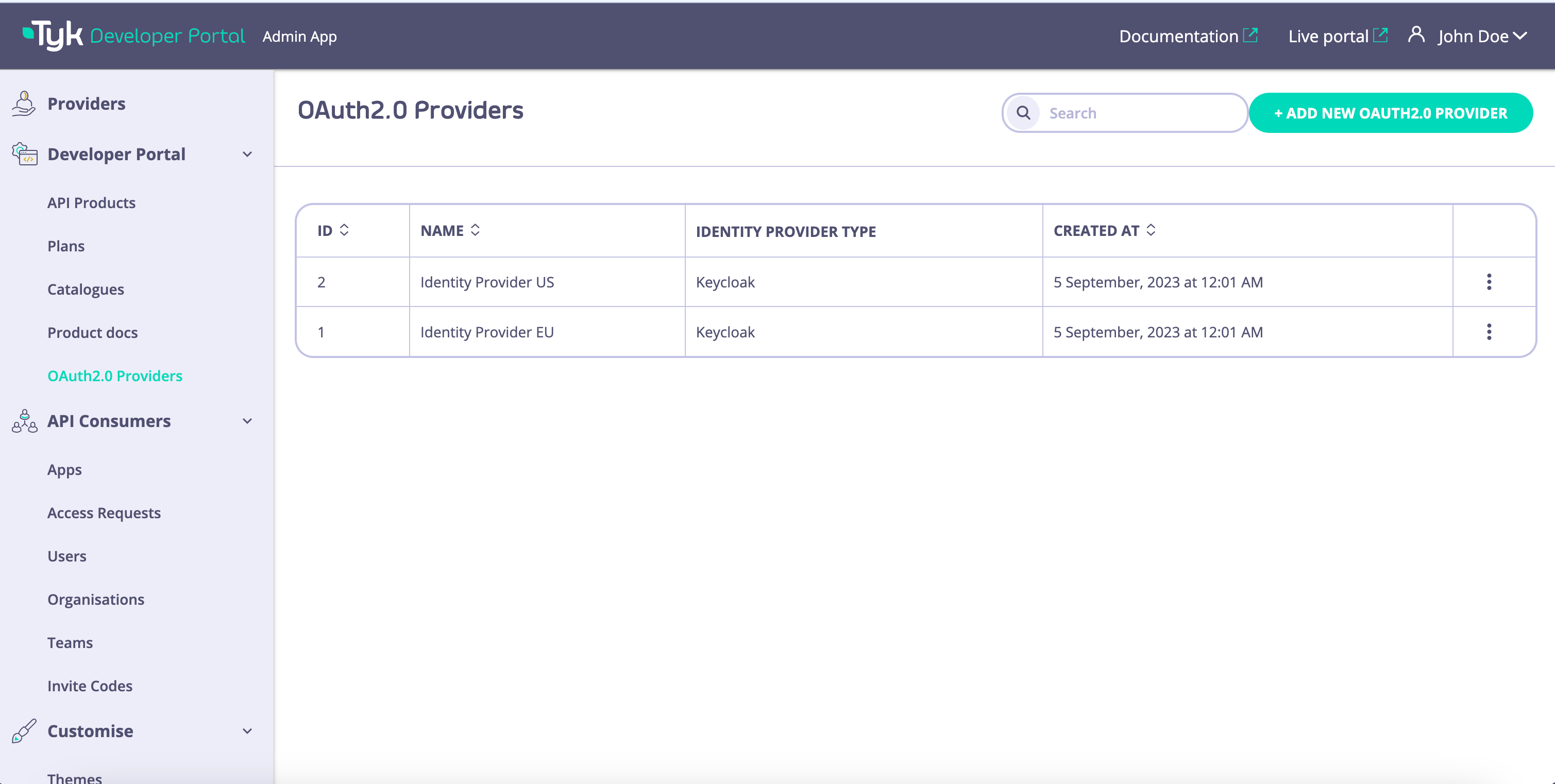 OAuth2.0 providers page