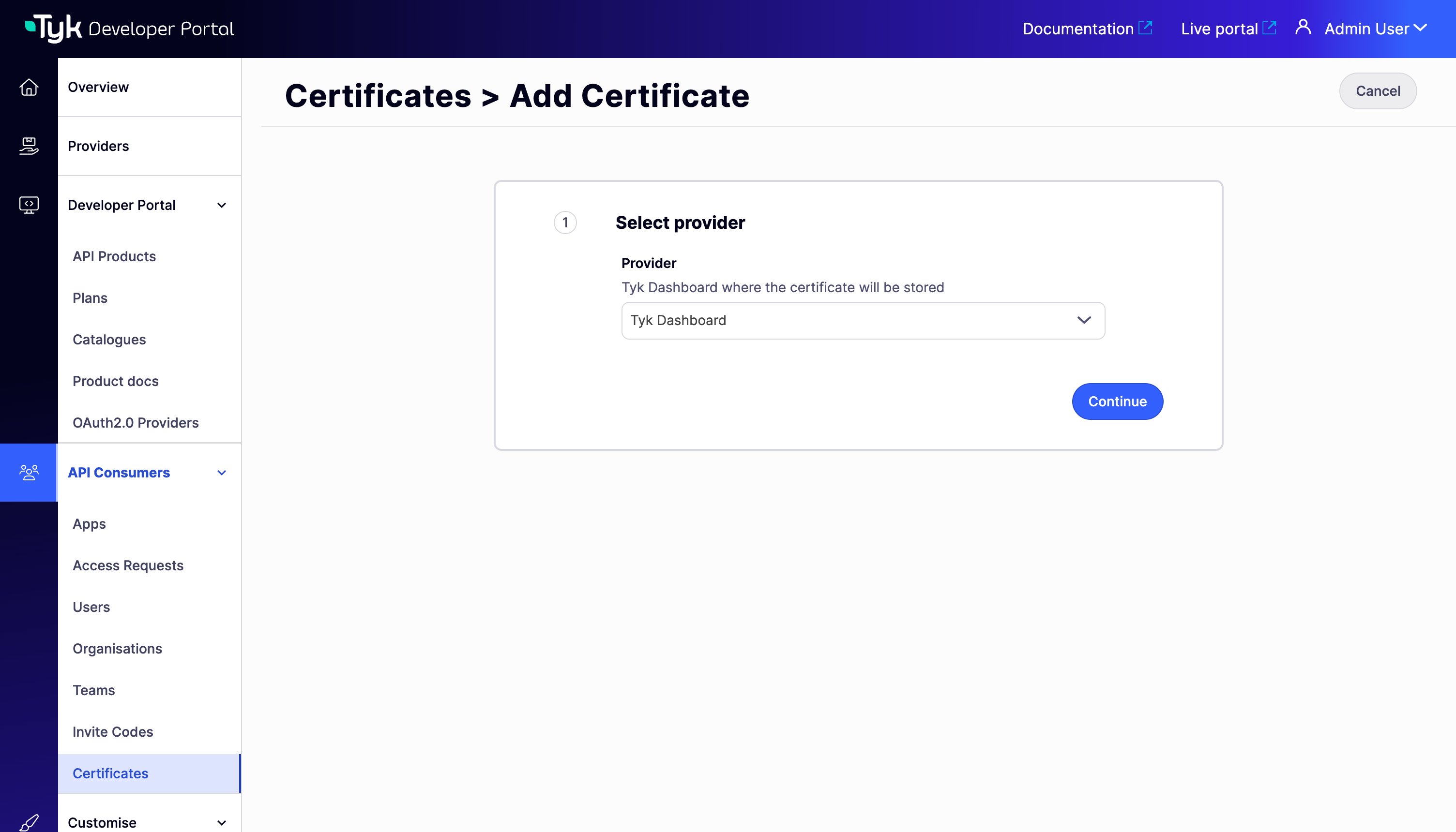 Step 1 of the Add Certificate wizard — selecting a Provider