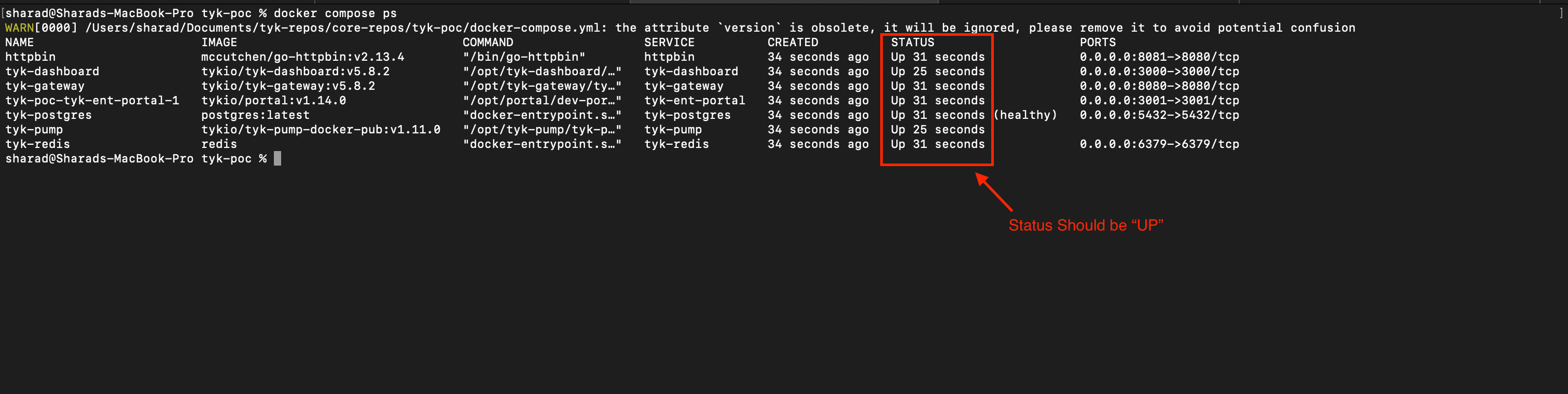 Docker Container Status of Tyk Self Managed Trial