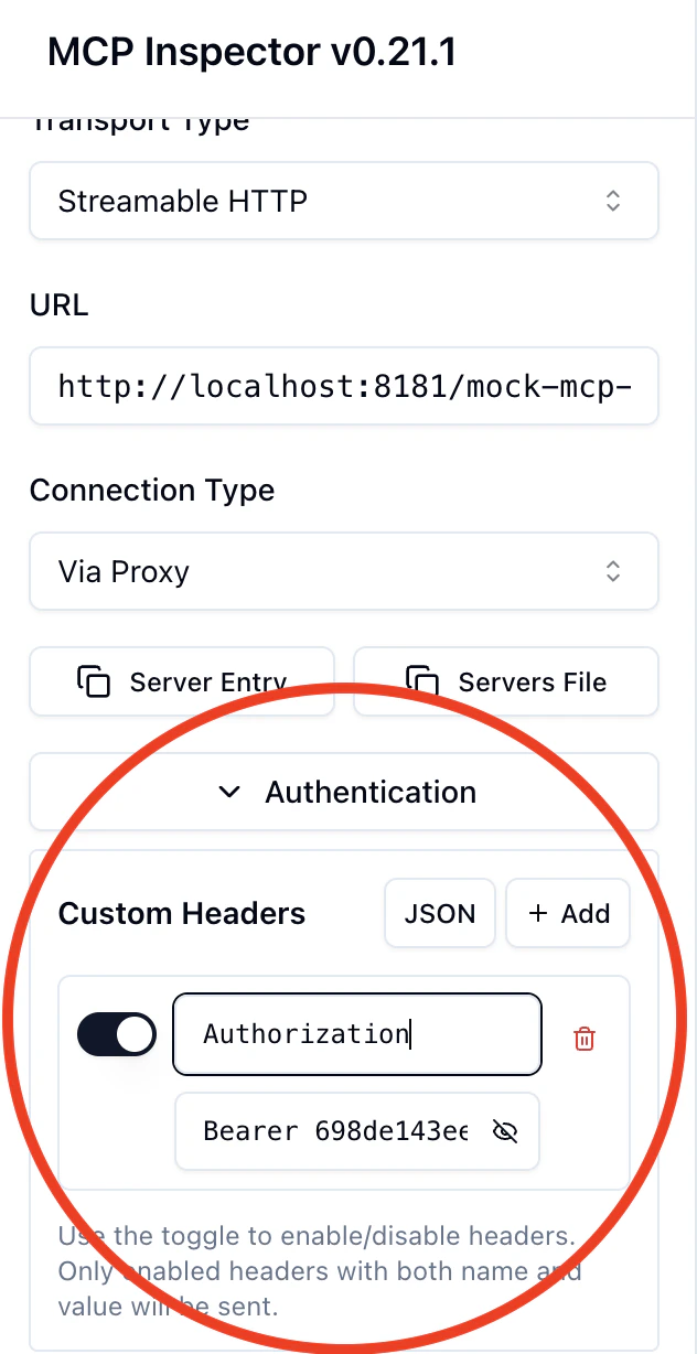 MCP Inspector connected with API key