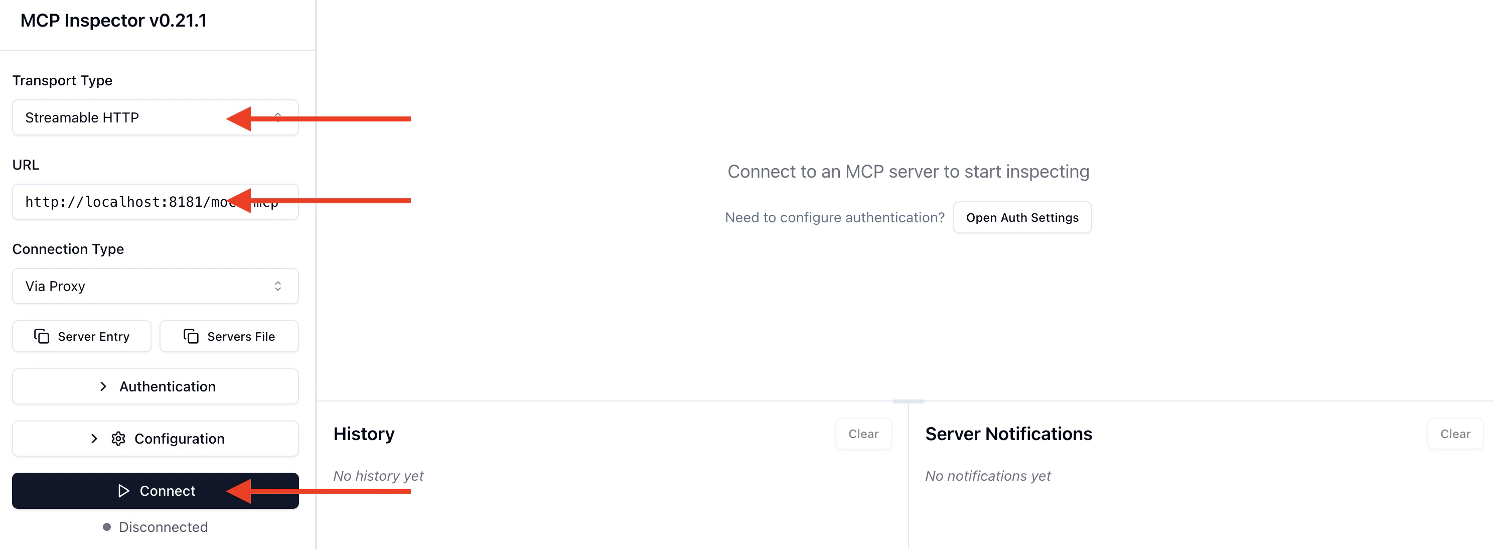 MCP Inspector connect