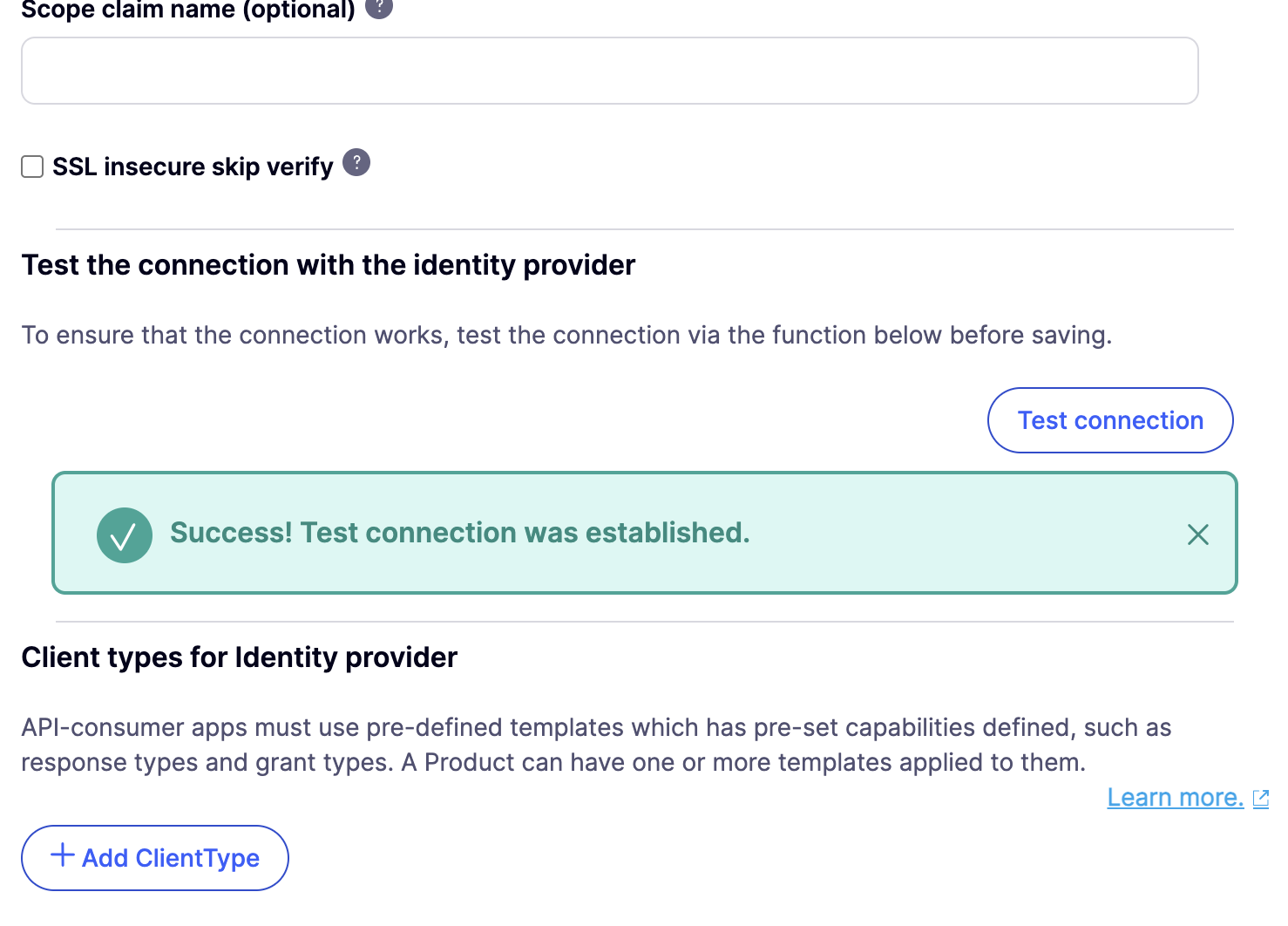 A successful Test connection result on the Keycloak OAuth 2.0 Provider, with the Client types for Identity provider section and its Add ClientType button below