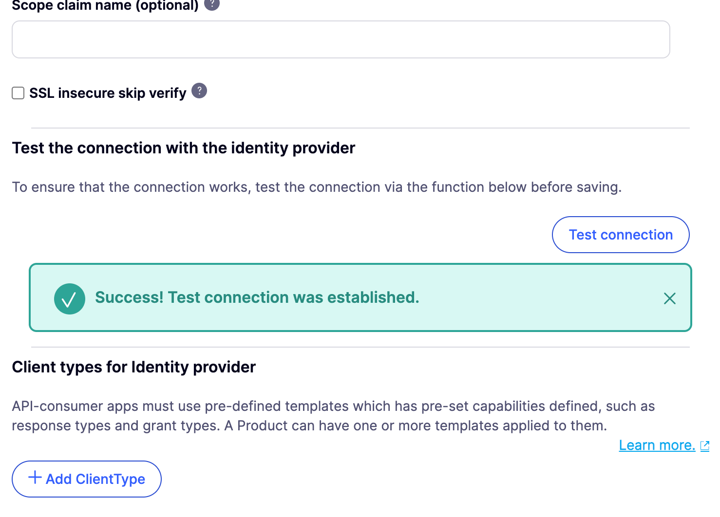 A successful Test connection result on the Keycloak OAuth 2.0 Provider, with the Client types for Identity provider section and its Add ClientType button below