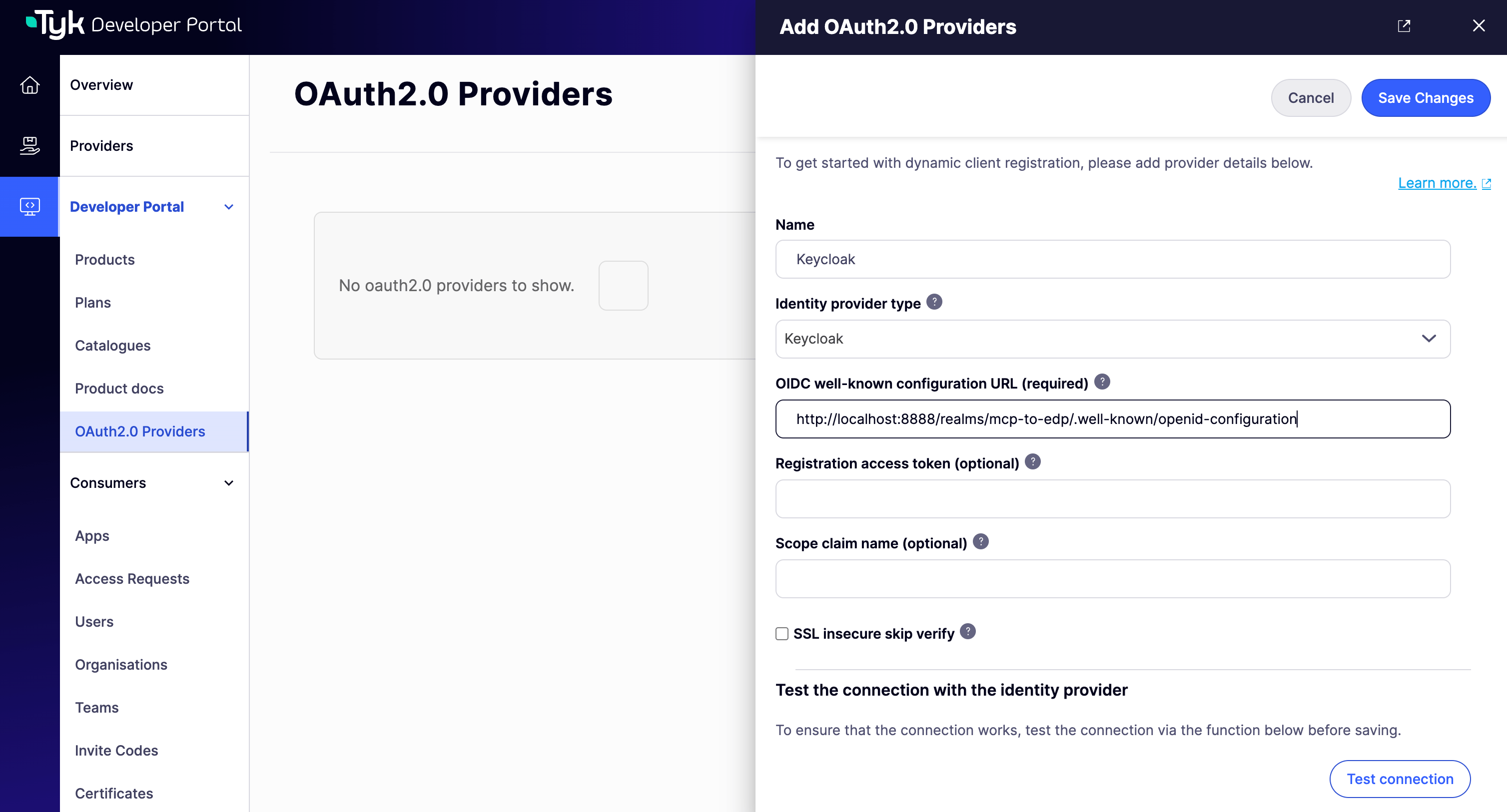 The Add OAuth2.0 Providers panel in the Portal Admin, with Identity provider type set to Keycloak, the OIDC well-known configuration URL filled in, and the Test connection button visible at the bottom