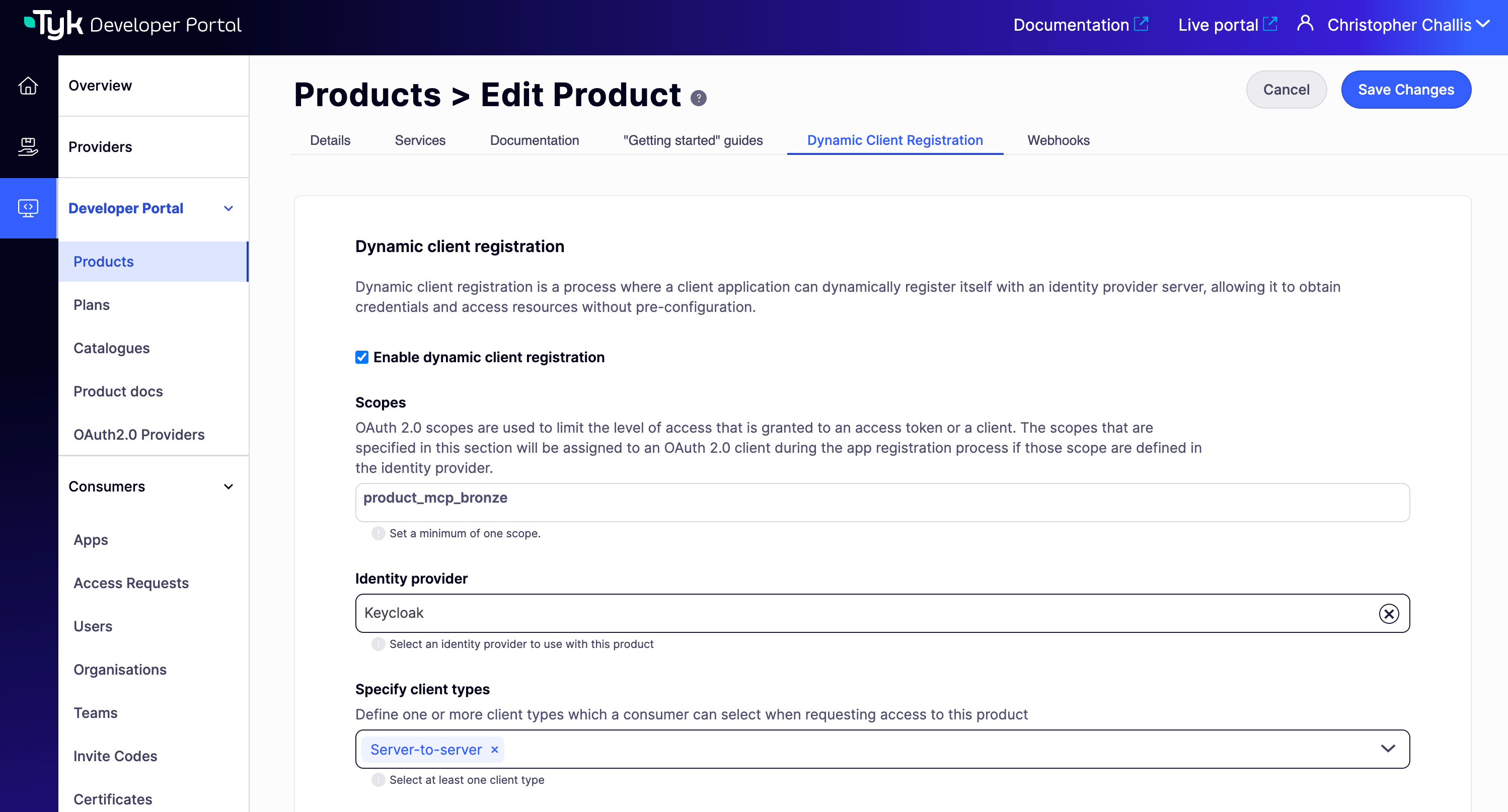 The Dynamic Client Registration tab on a Product, with Enable dynamic client registration checked, Scopes set to product_mcp_bronze, Identity provider set to Keycloak, and Specify client types set to Server-to-server