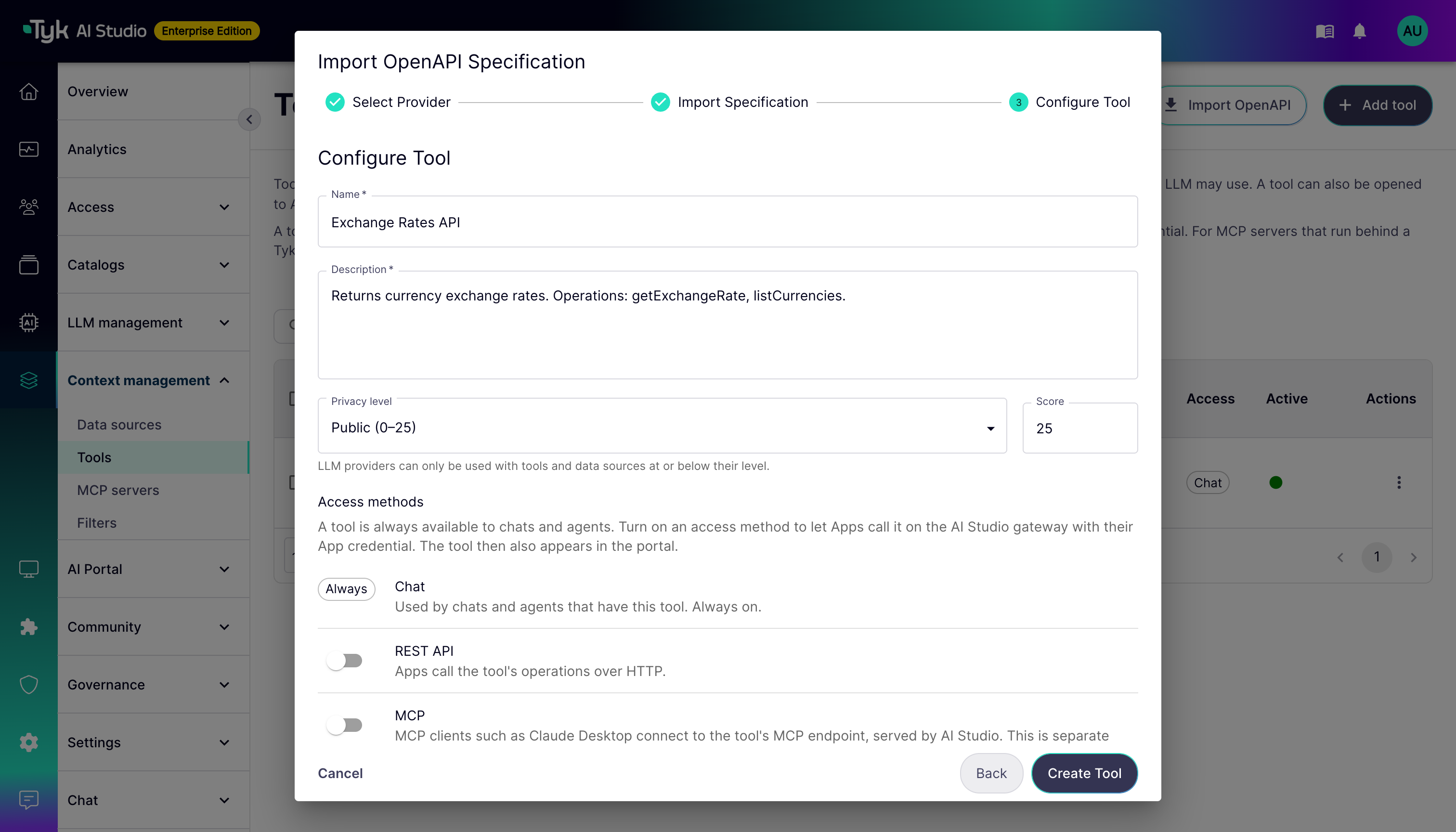 Configure Tool step with the name, description, privacy level, and access methods of the new tool
