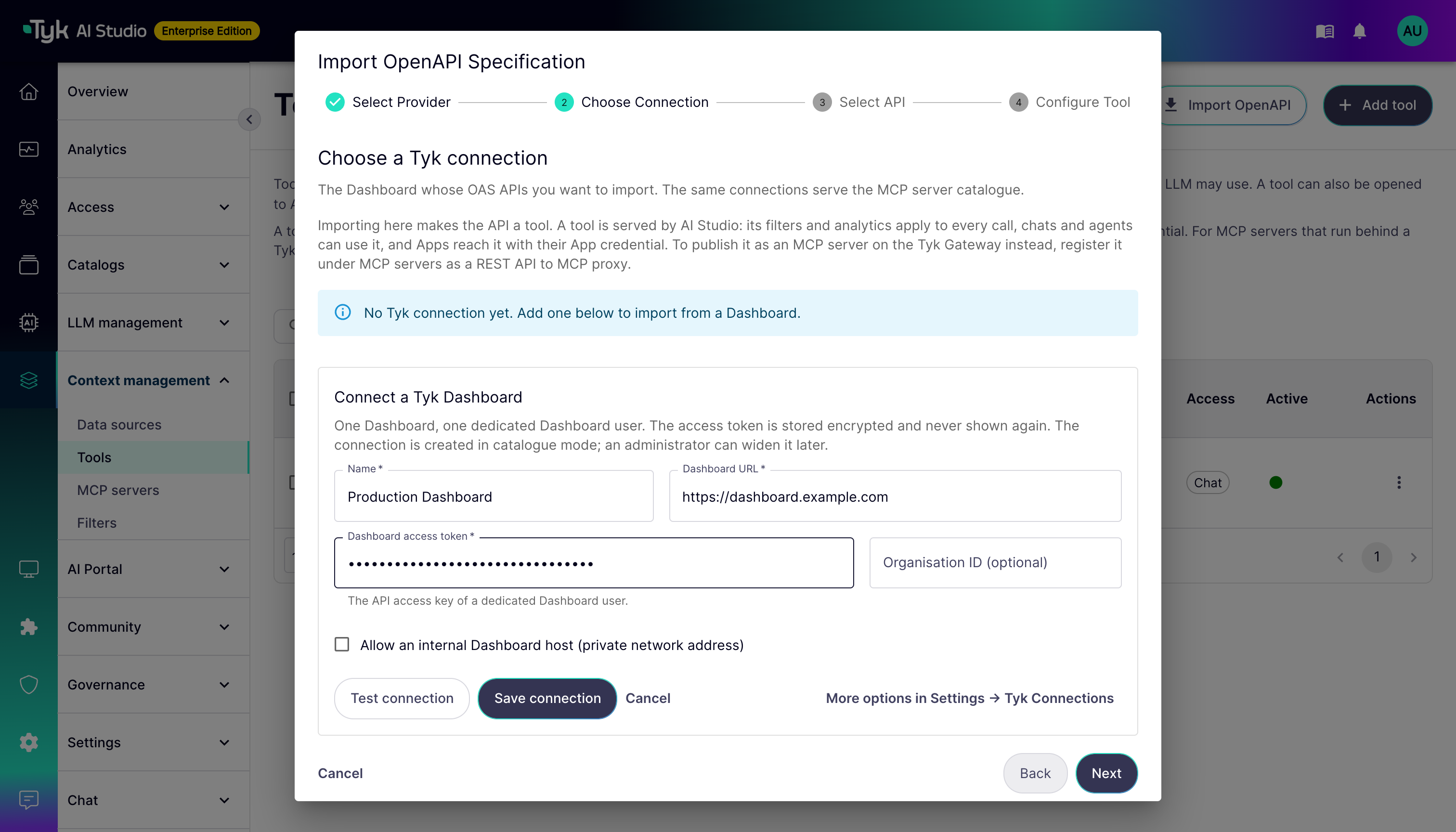 Choose Connection step with the form to add a Tyk connection