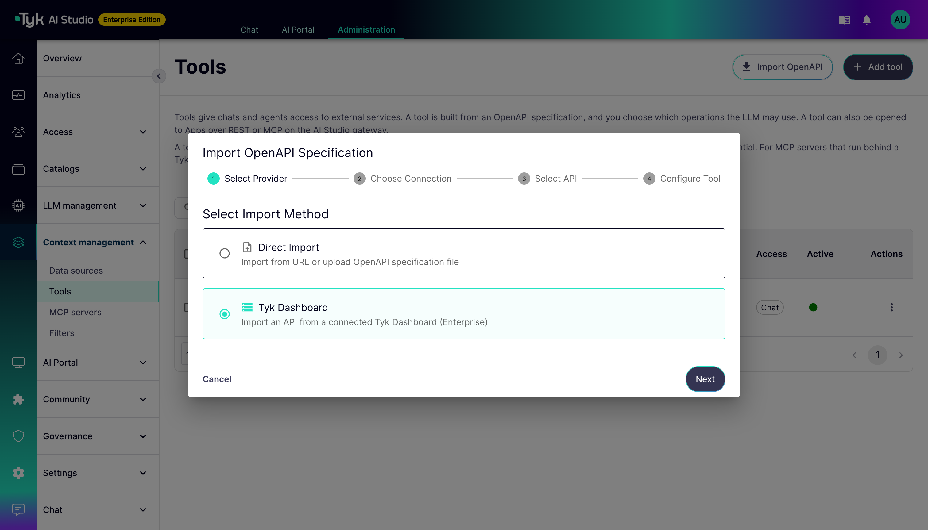 Import OpenAPI wizard with Tyk Dashboard selected as the import method