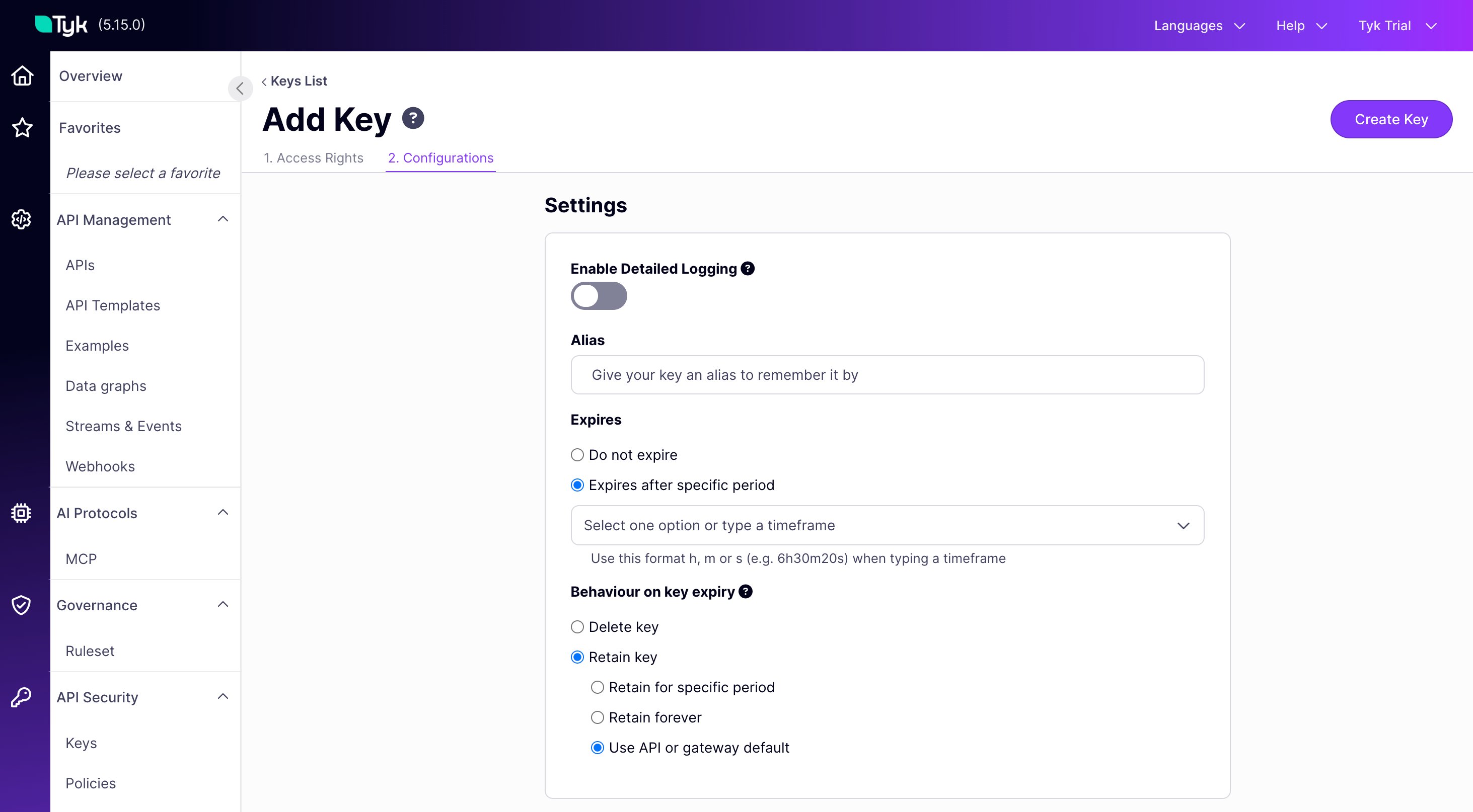 Behaviour on key expiry options on the Add Key page