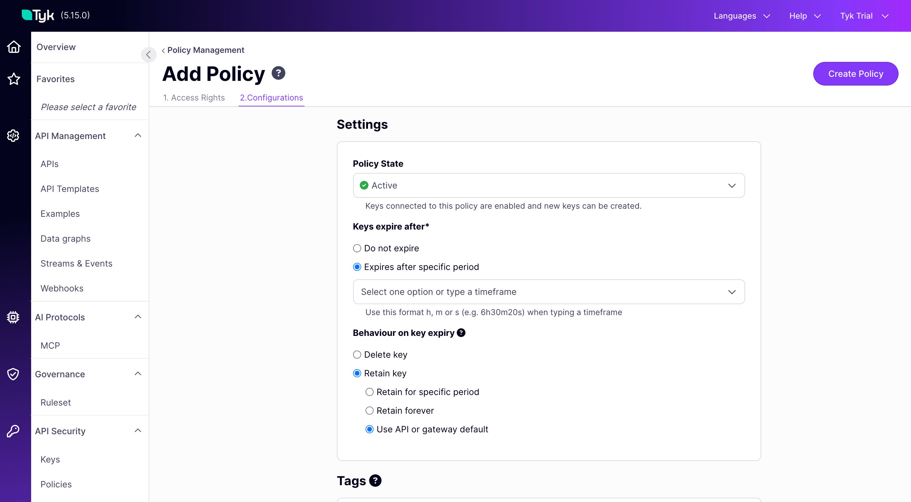 Behaviour on key expiry options on the Add Policy page