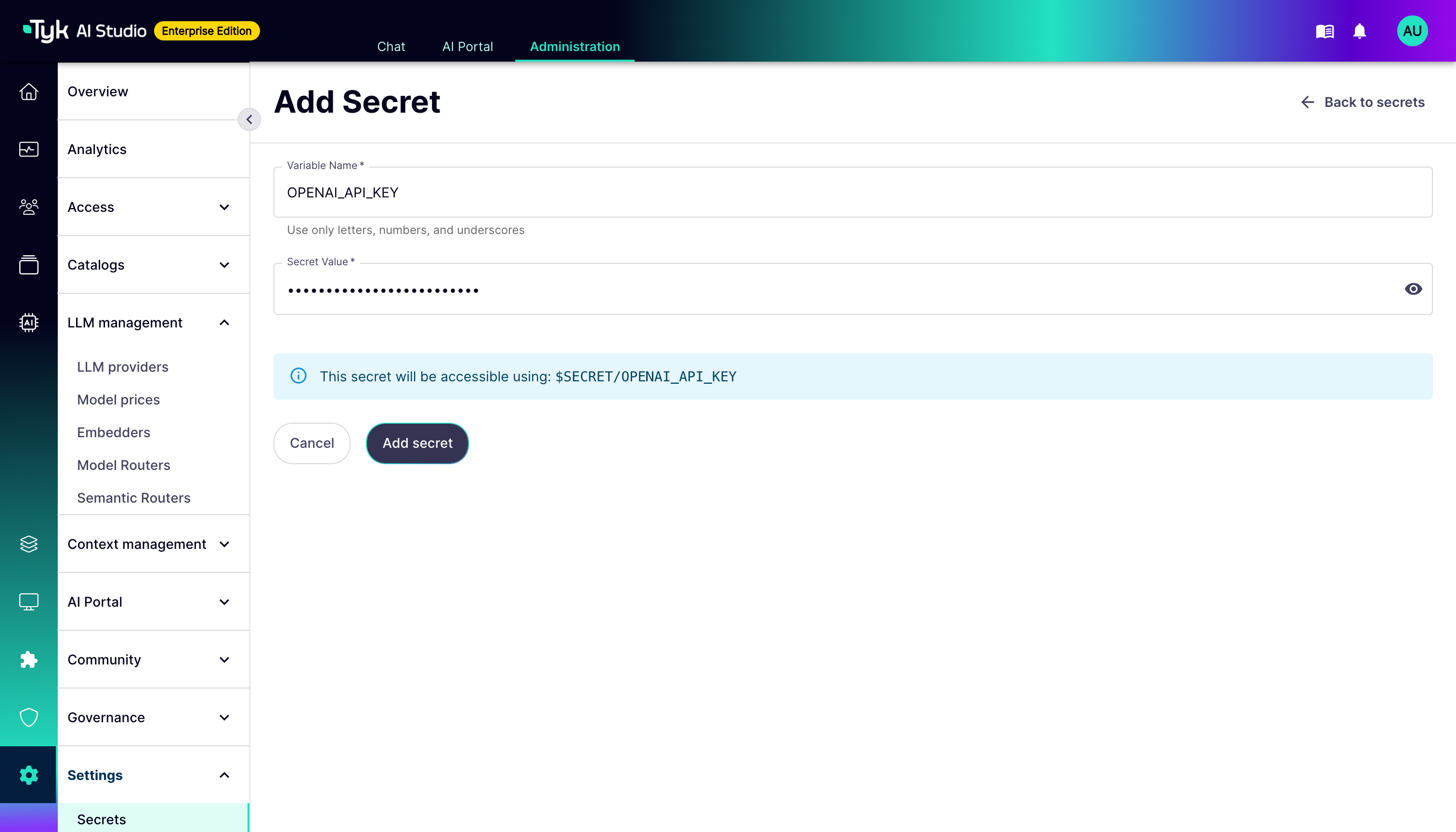 Manage Secrets in Tyk AI Studio - Tyk Documentation