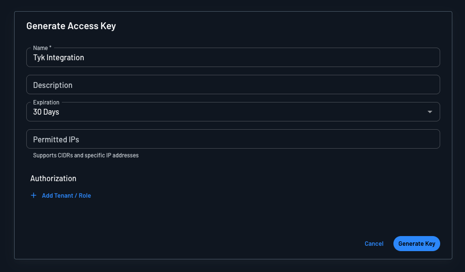 Descope Generate Access Key dialog