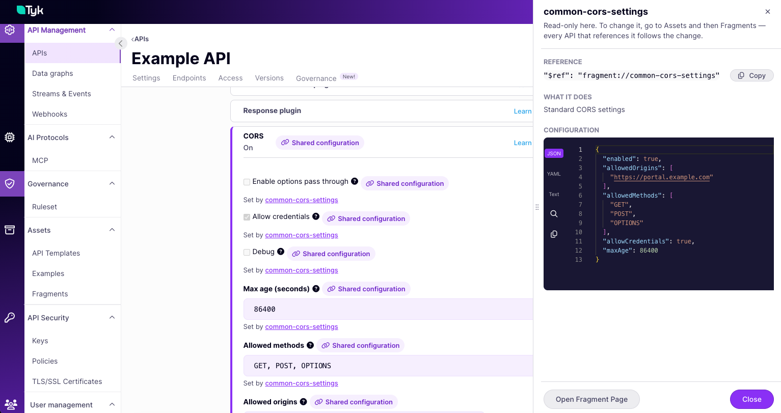 API Designer showing an API using a Fragment with the Fragment details drawer open.