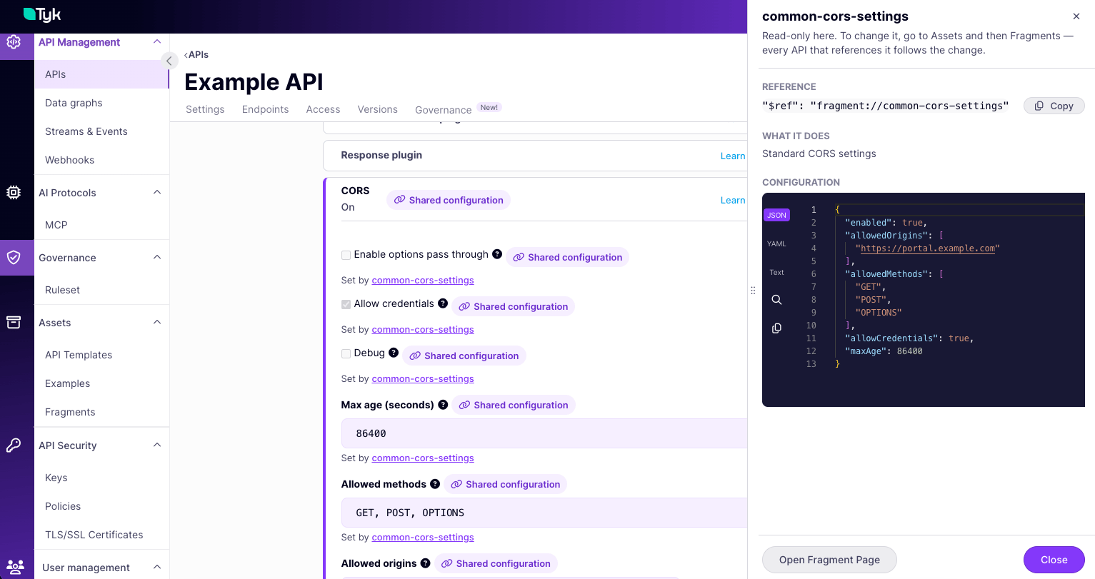 API Designer showing an API using a Fragment with the Fragment details drawer open.