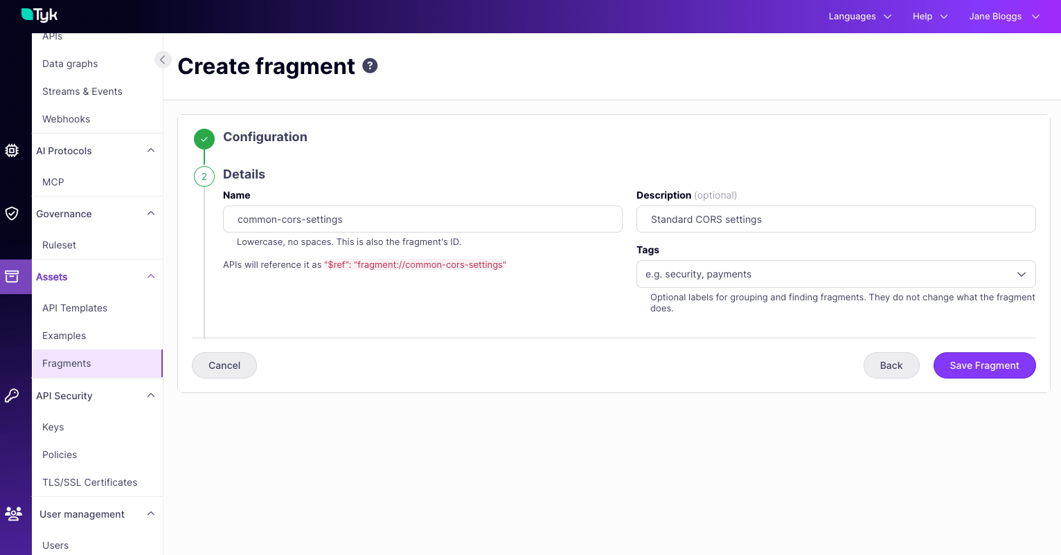 Setting the metadata details for a new API Fragment.