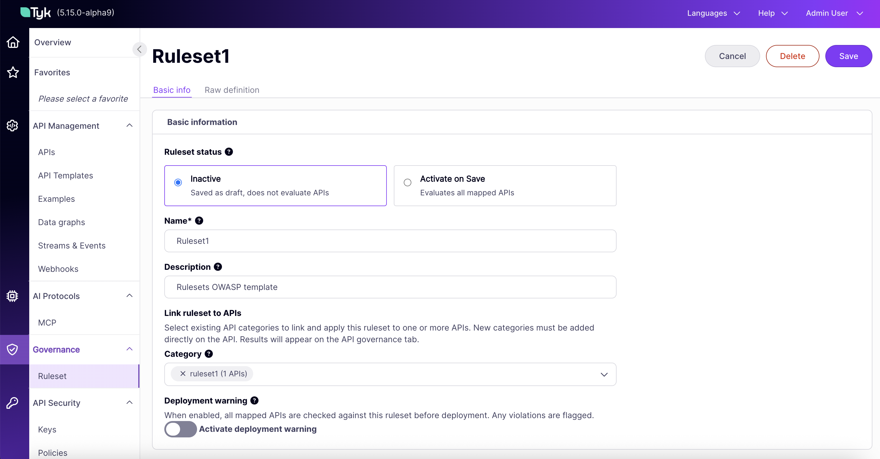 Ruleset edit page, Basic configs tab