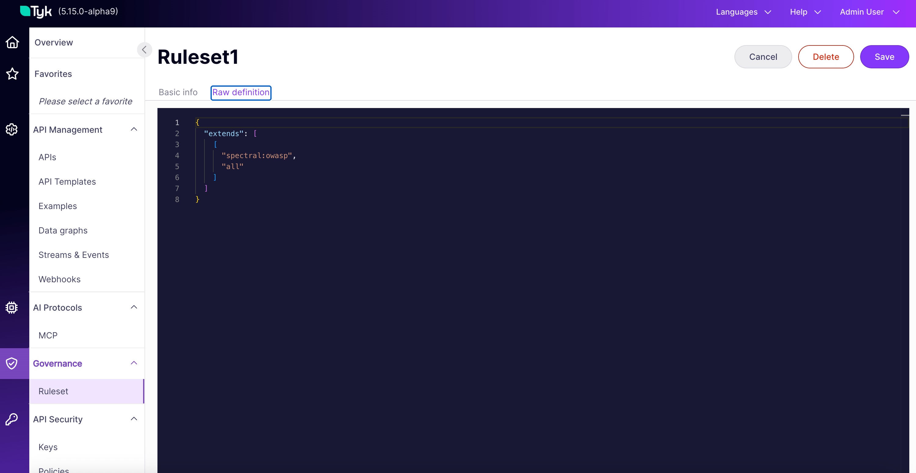 Ruleset edit page, Raw definition tab showing the full ruleset JSON