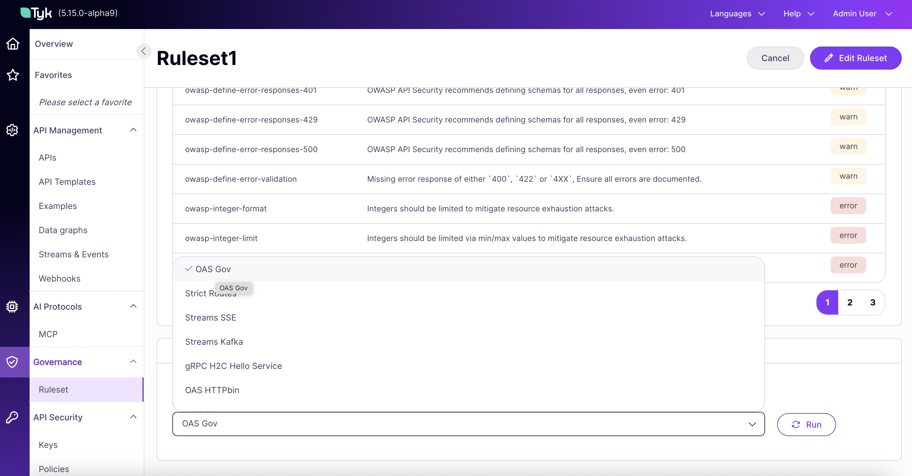 Ruleset detail page showing the Test ruleset panel