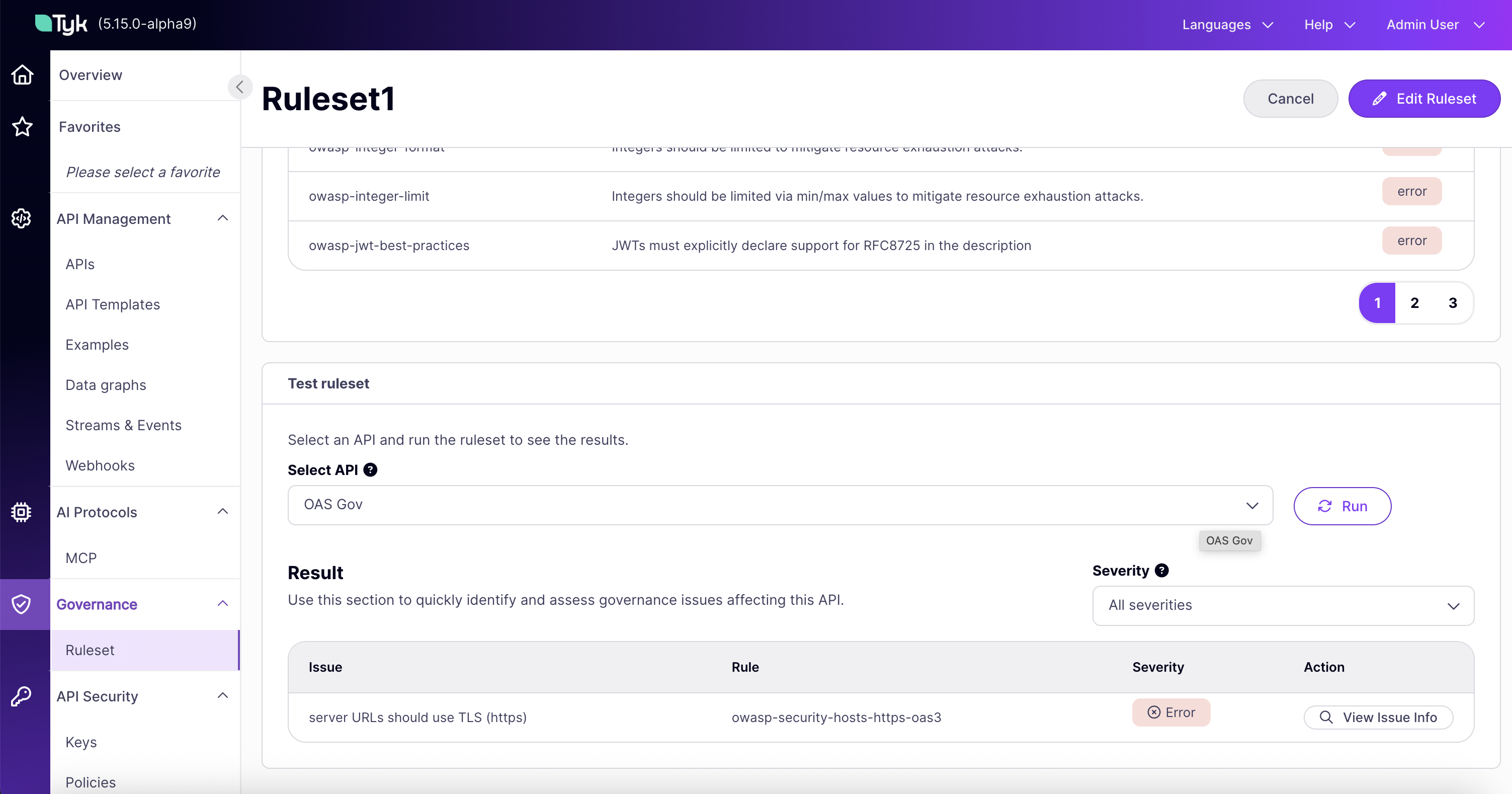 Test ruleset panel showing results graded by severity after running a test
