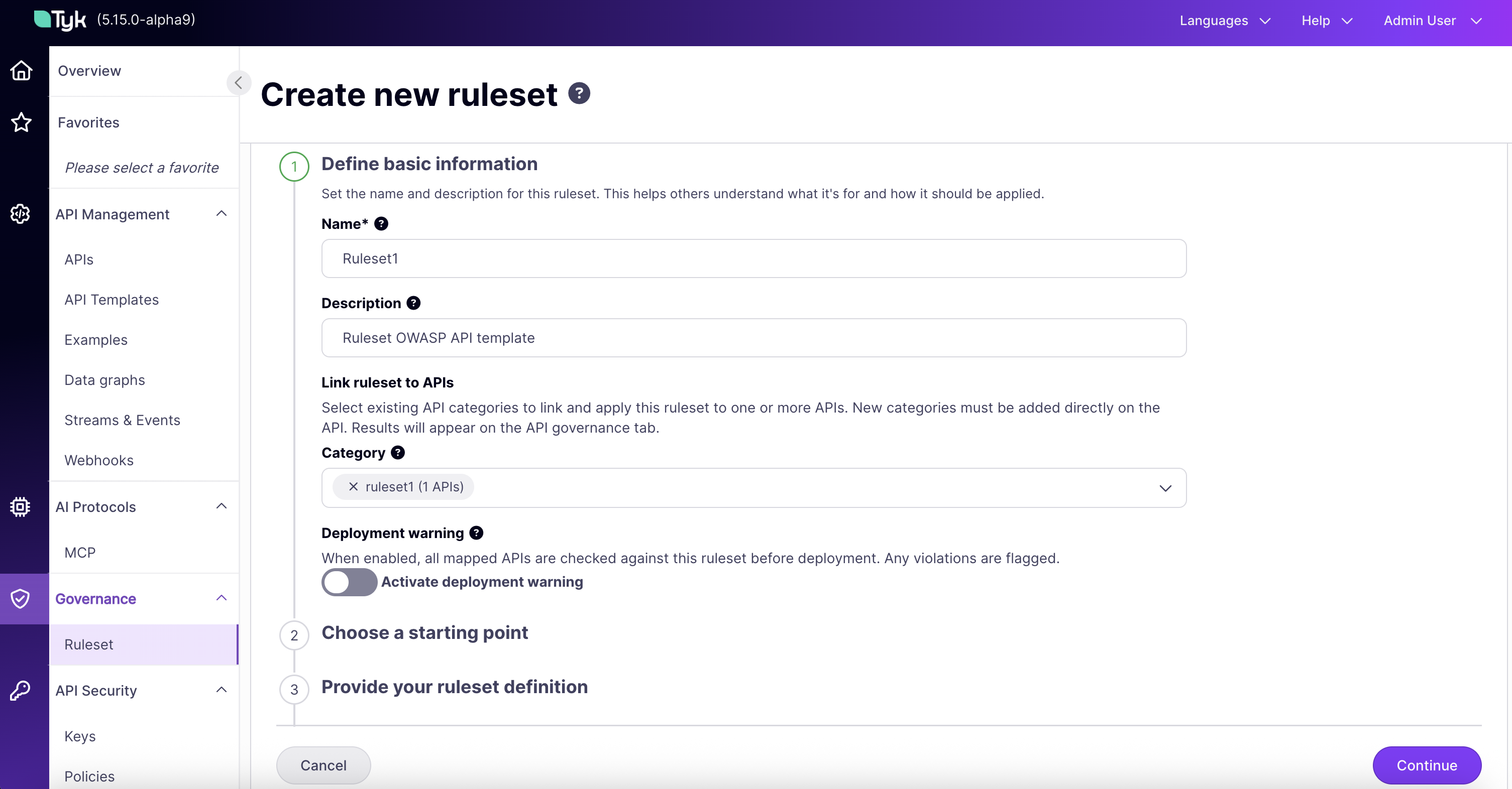 Create ruleset wizard, Basic Info step with name, description, categories, and Deployment Warning toggle