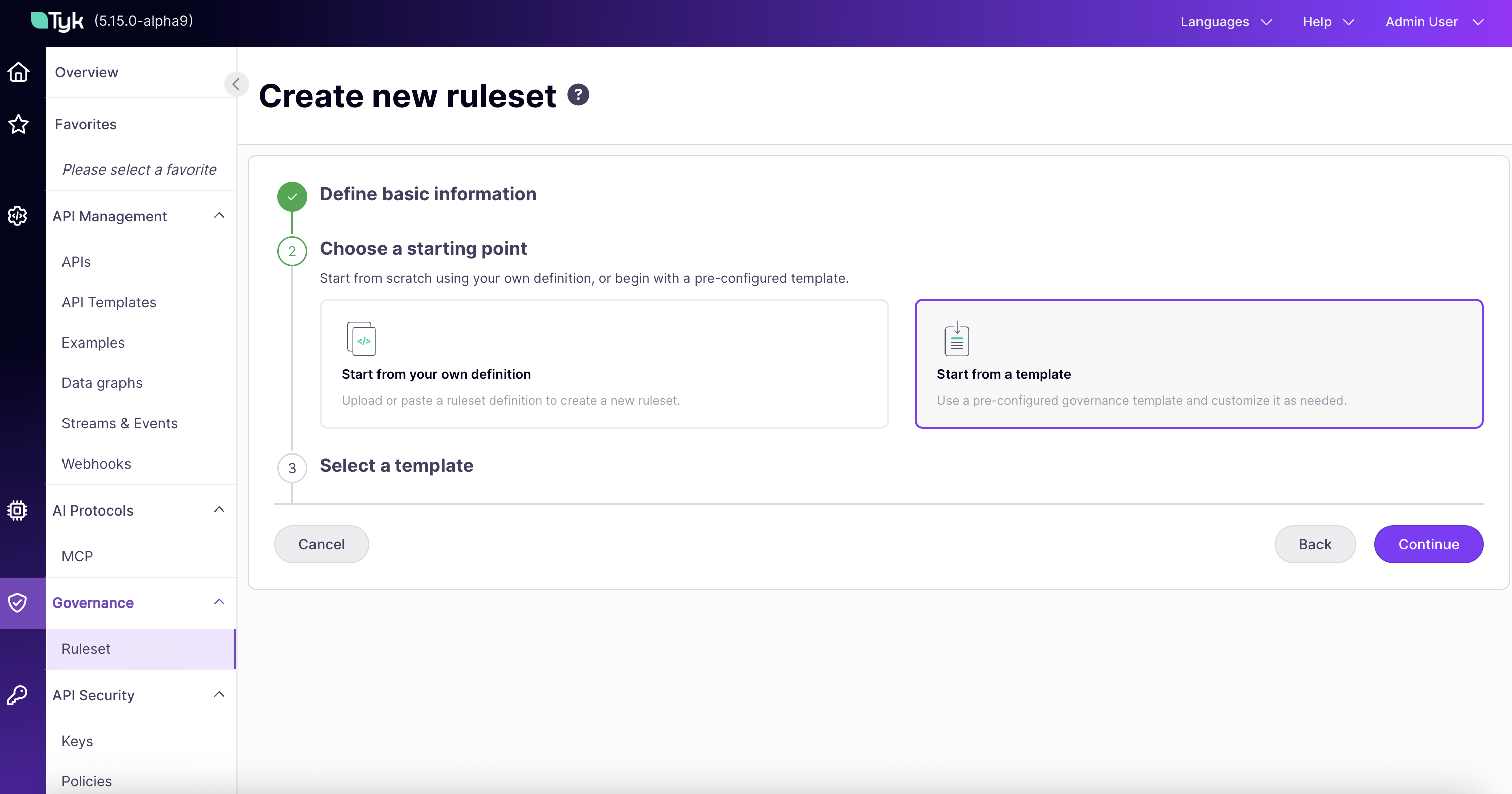 Create ruleset wizard, choosing a starting point