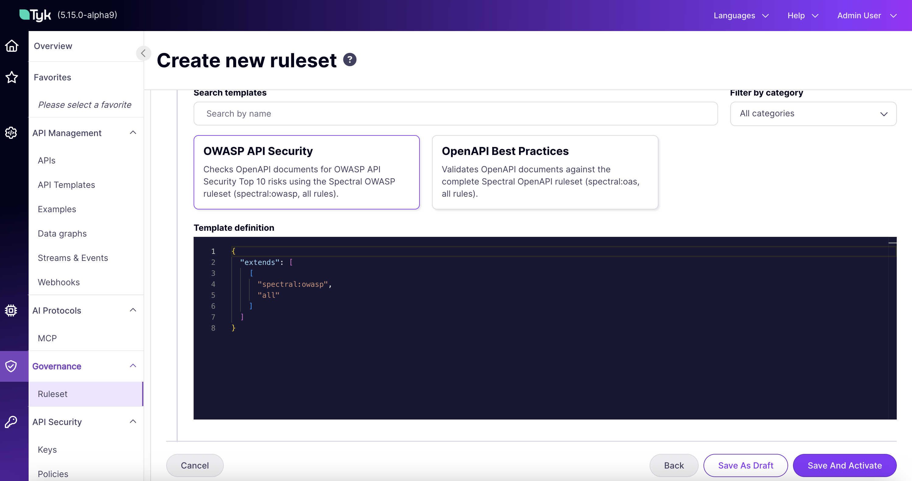 Create ruleset wizard, raw definition editor showing the selected template's JSON