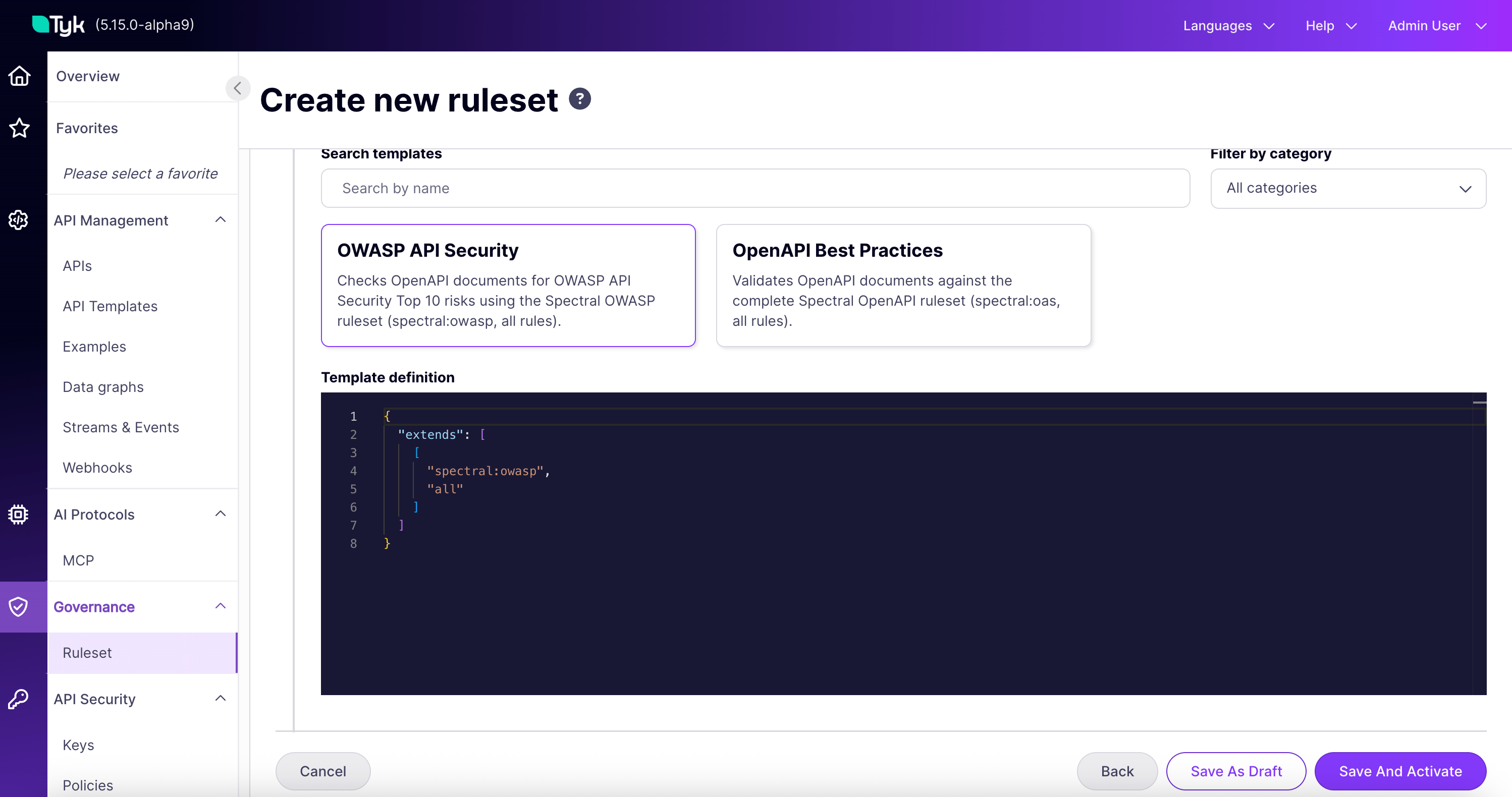 Create ruleset wizard, raw definition editor showing the selected template's JSON