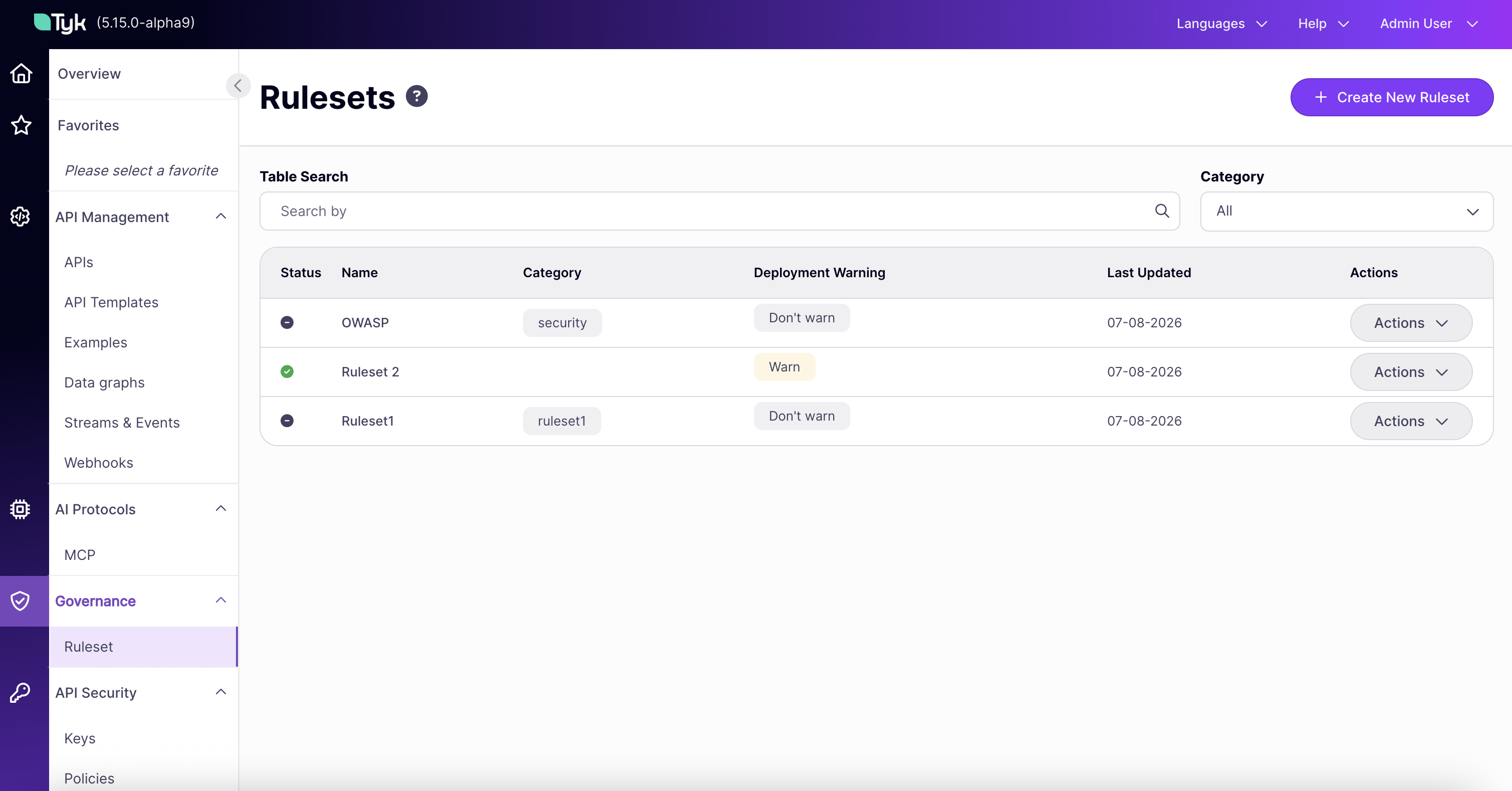 Rulesets list showing status, name, category, deployment warning, and last updated columns