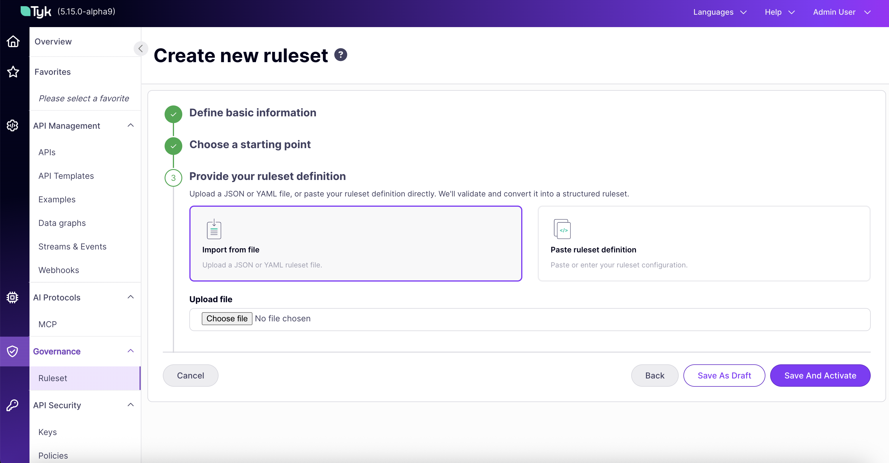 Provide your ruleset definition, import from file