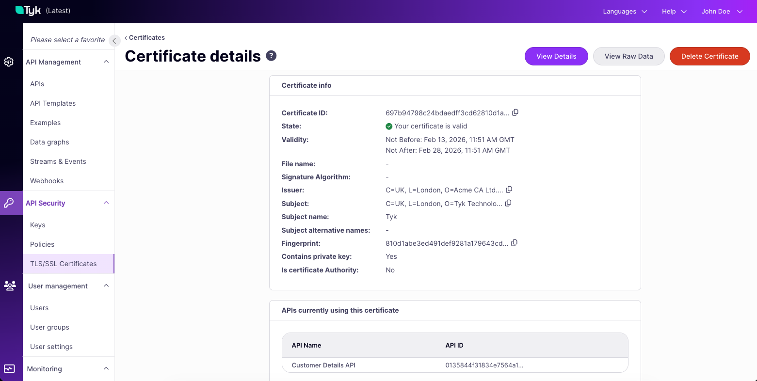 Dashboard showing details of a certificate in the store