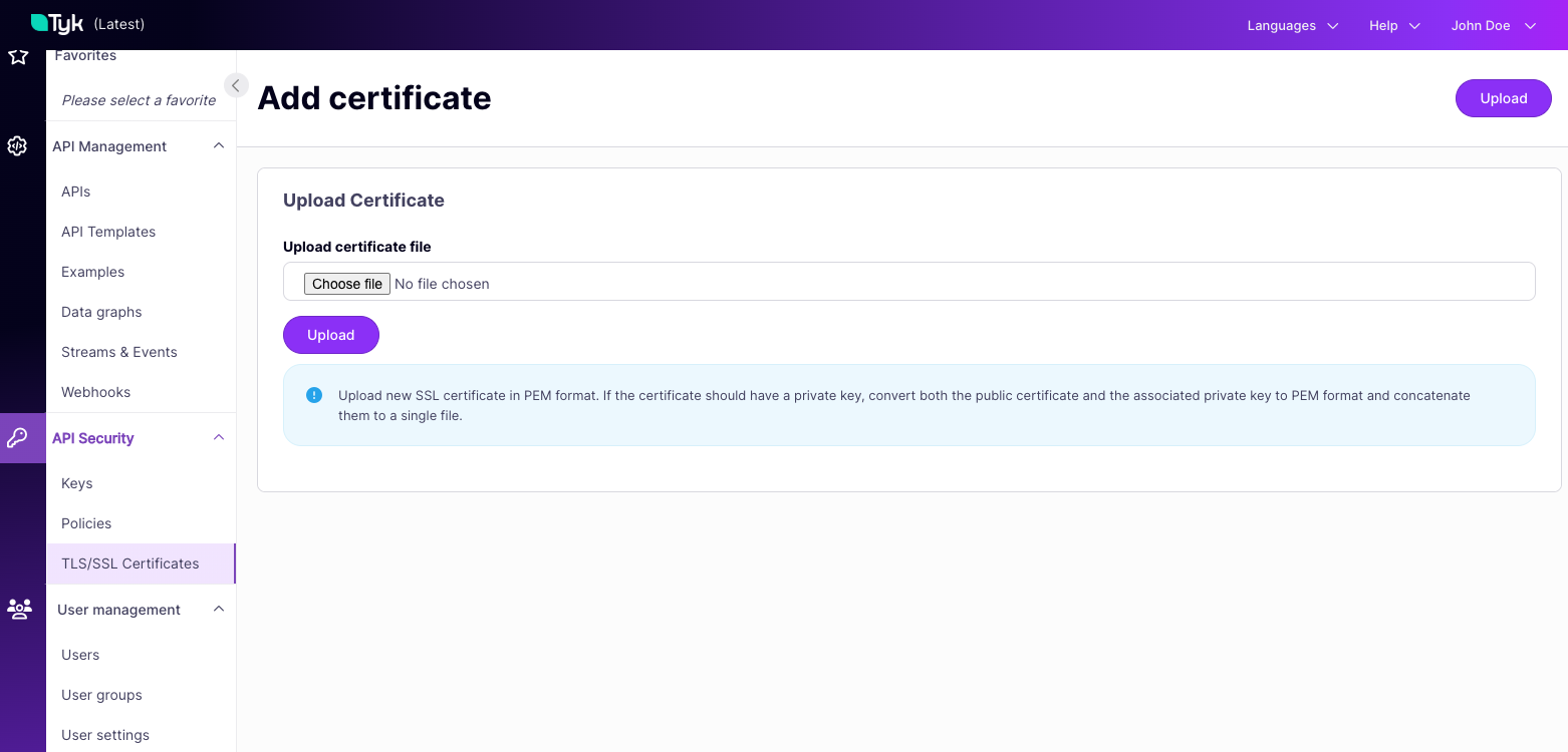 Dashboard showing the certificate upload screen