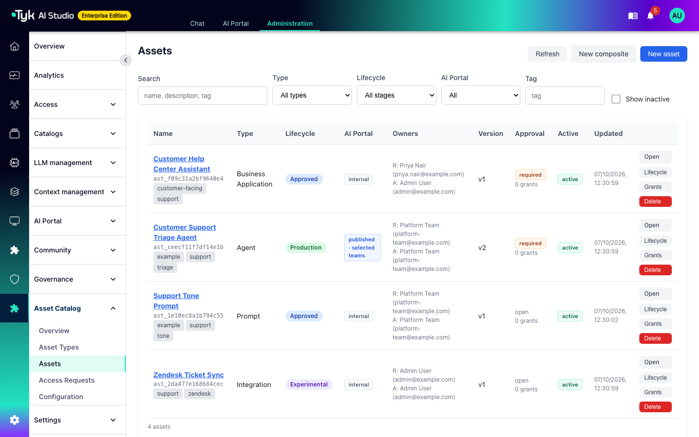 Assets list with an agent, a prompt, a business application, and an integration in different lifecycle stages