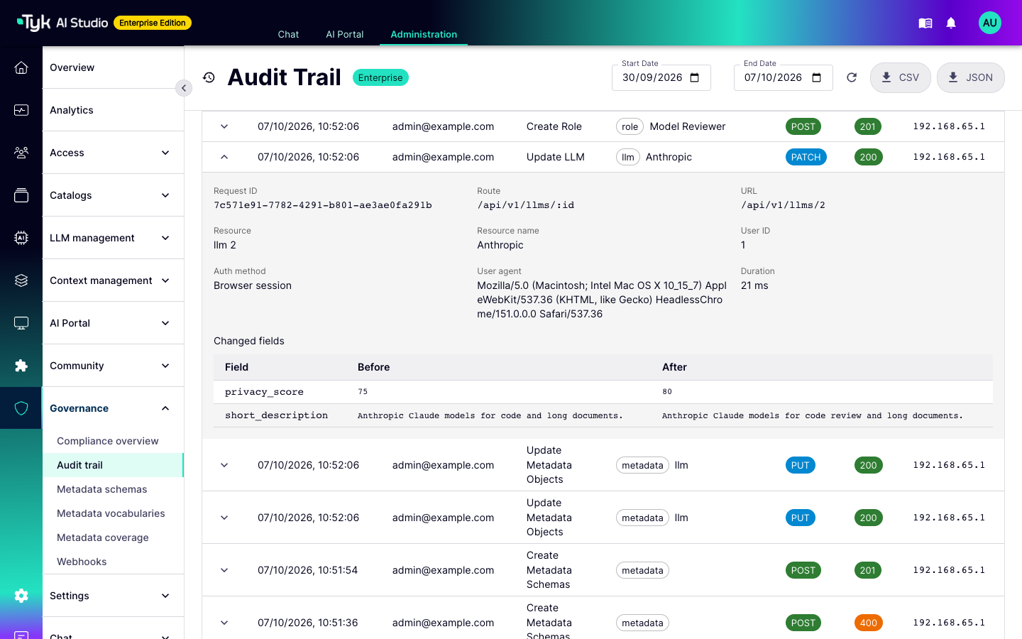 Expanded audit record with the changed fields of an LLM