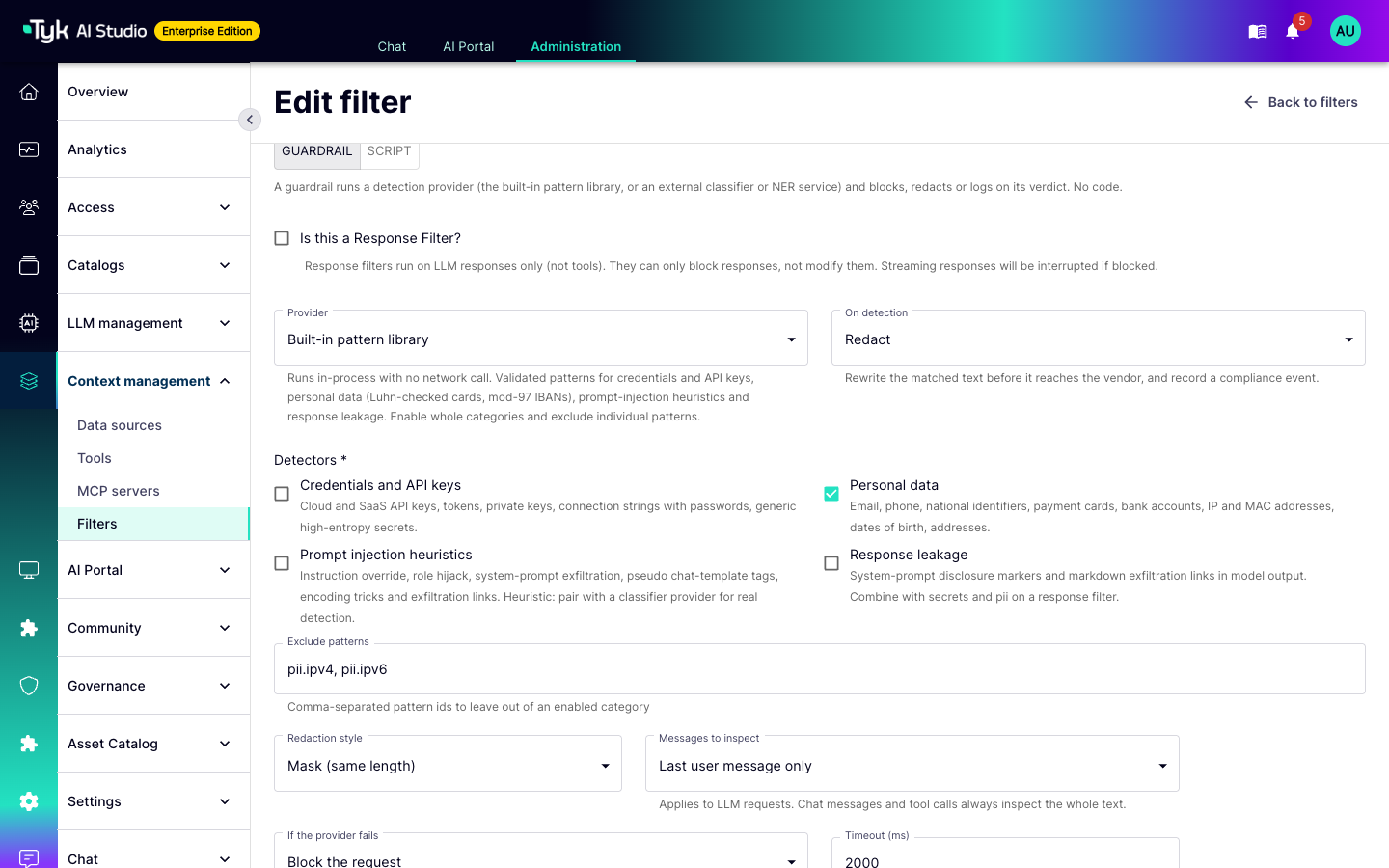 Guardrail form with the built-in pattern library, the Personal data detector, and the Redact action